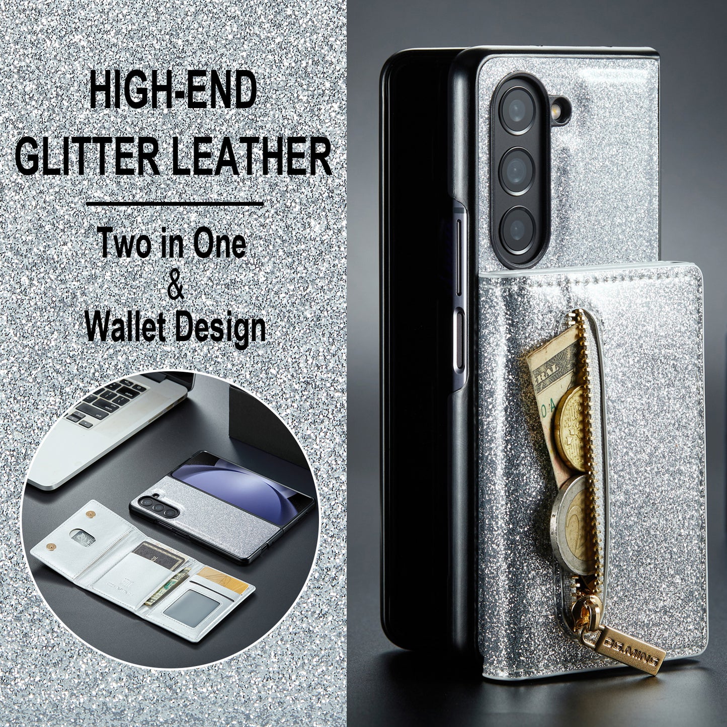 Glitter Leather 2-in-1 Wallet Zipper Galaxy Z Fold5 Case Detachable