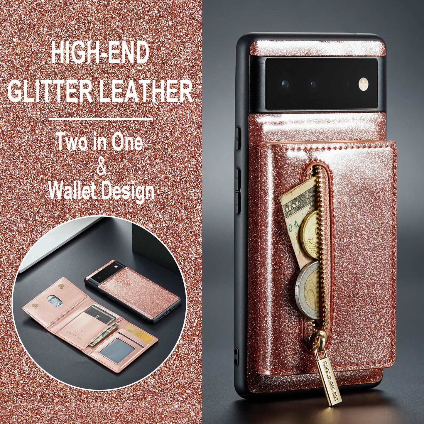 Glitter Leather 2-in-1 Wallet Zipper Google Pixel 6A Case Detachable