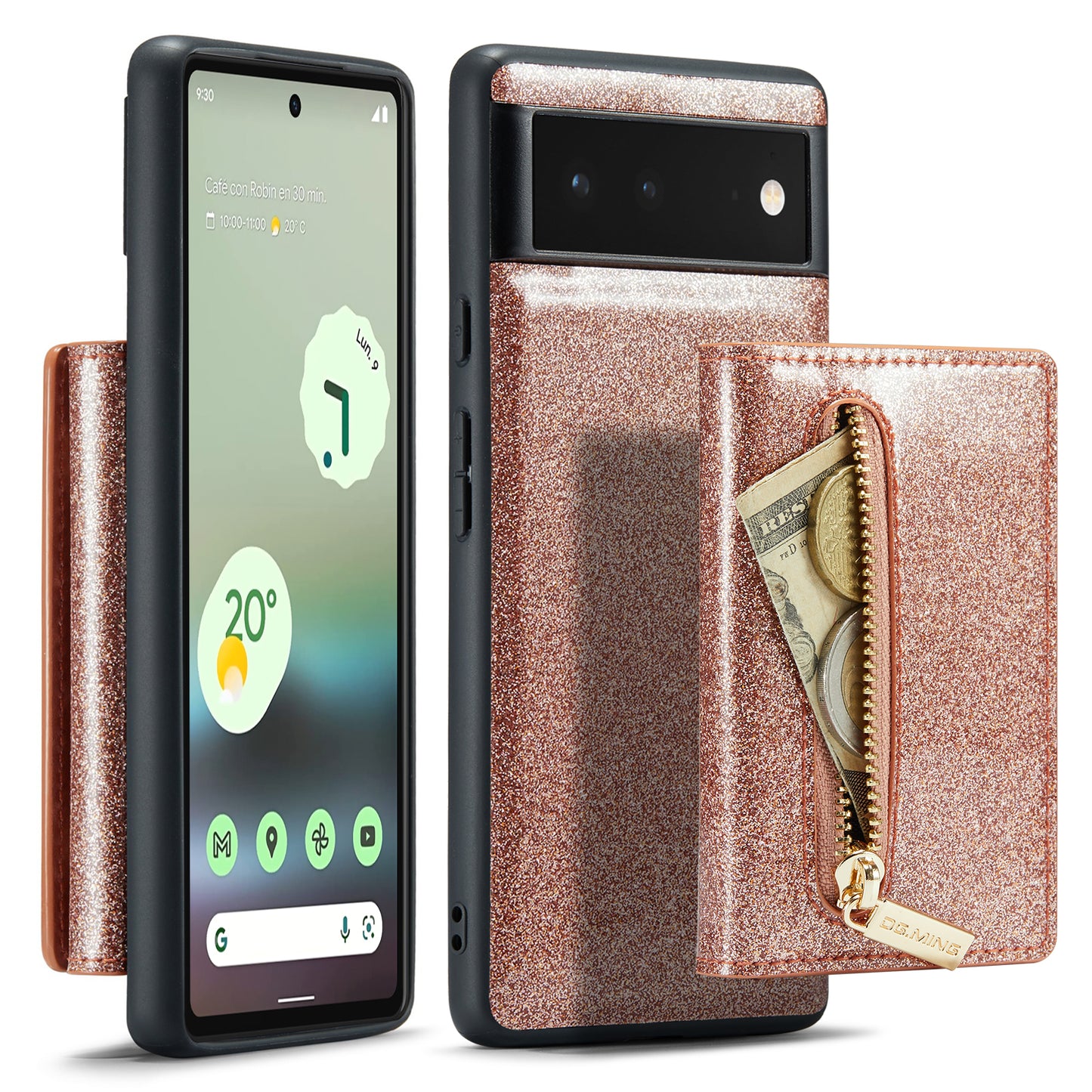 Glitter Leather 2-in-1 Wallet Zipper Google Pixel 6A Case Detachable