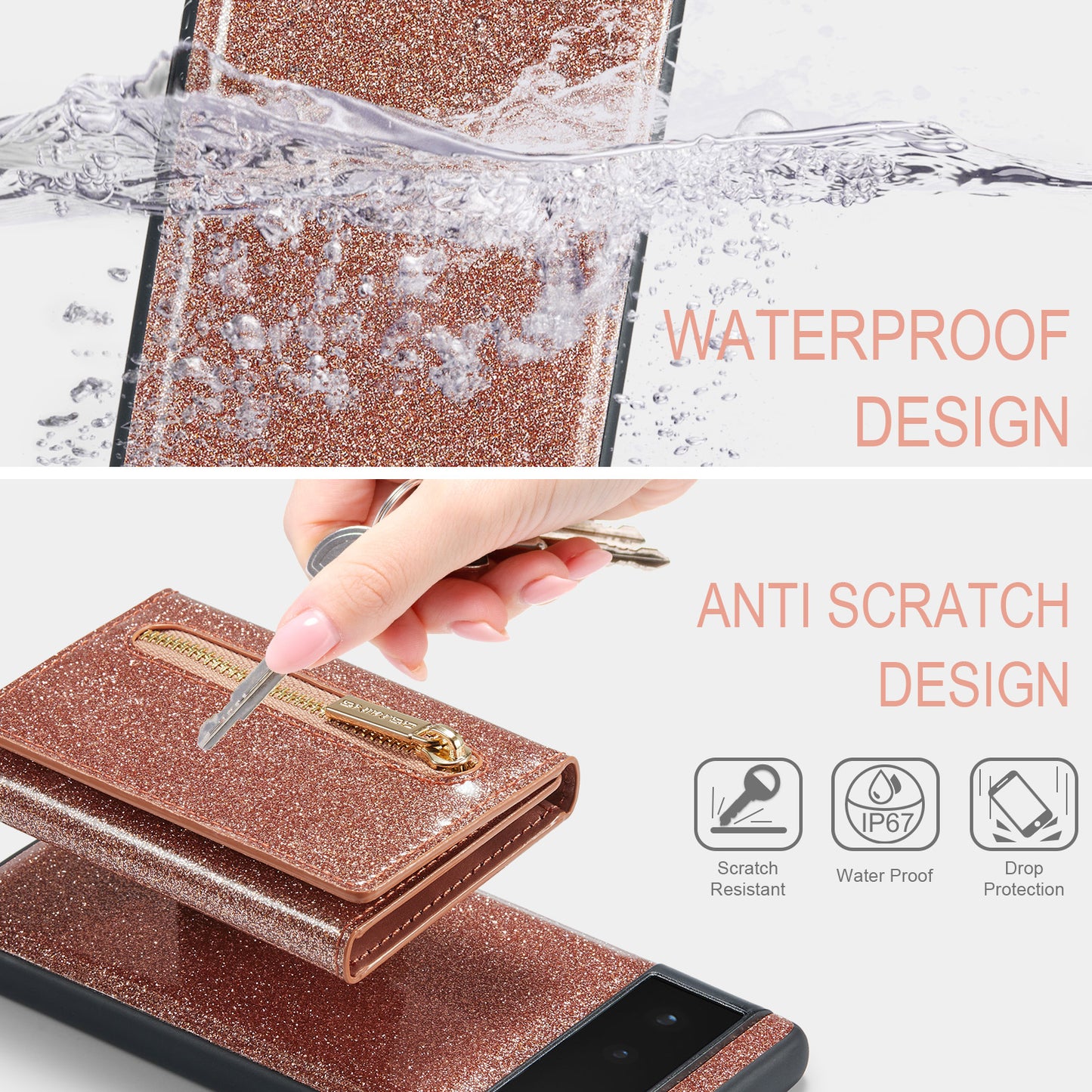 Glitter Leather 2-in-1 Wallet Zipper Google Pixel 6A Case Detachable