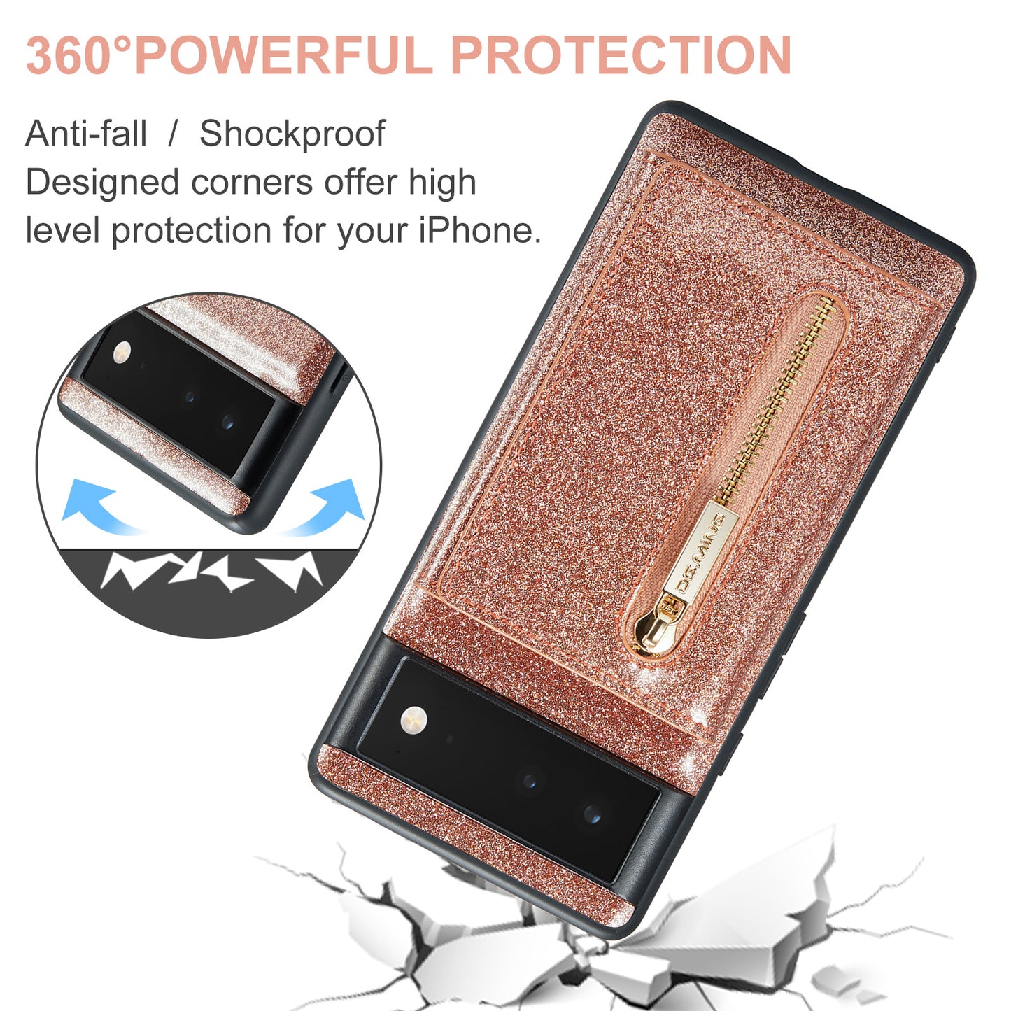 Glitter Leather 2-in-1 Wallet Zipper Google Pixel 6A Case Detachable