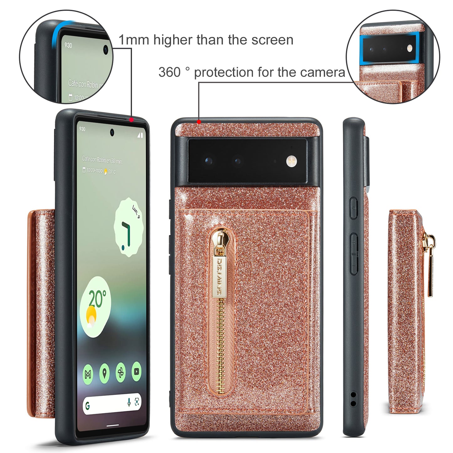 Glitter Leather 2-in-1 Wallet Zipper Google Pixel 6A Case Detachable