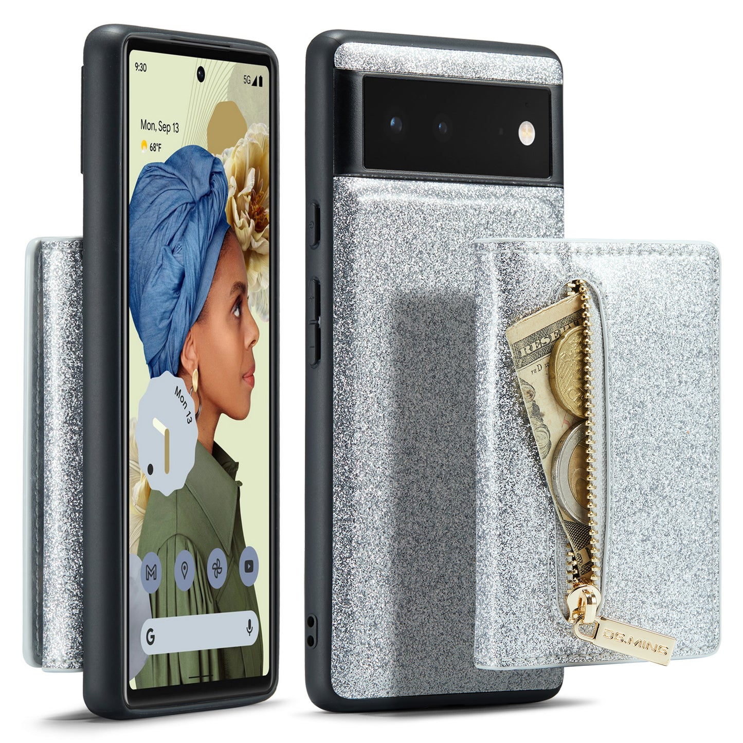 Glitter Leather 2-in-1 Wallet Zipper Google Pixel 6 Case Detachable