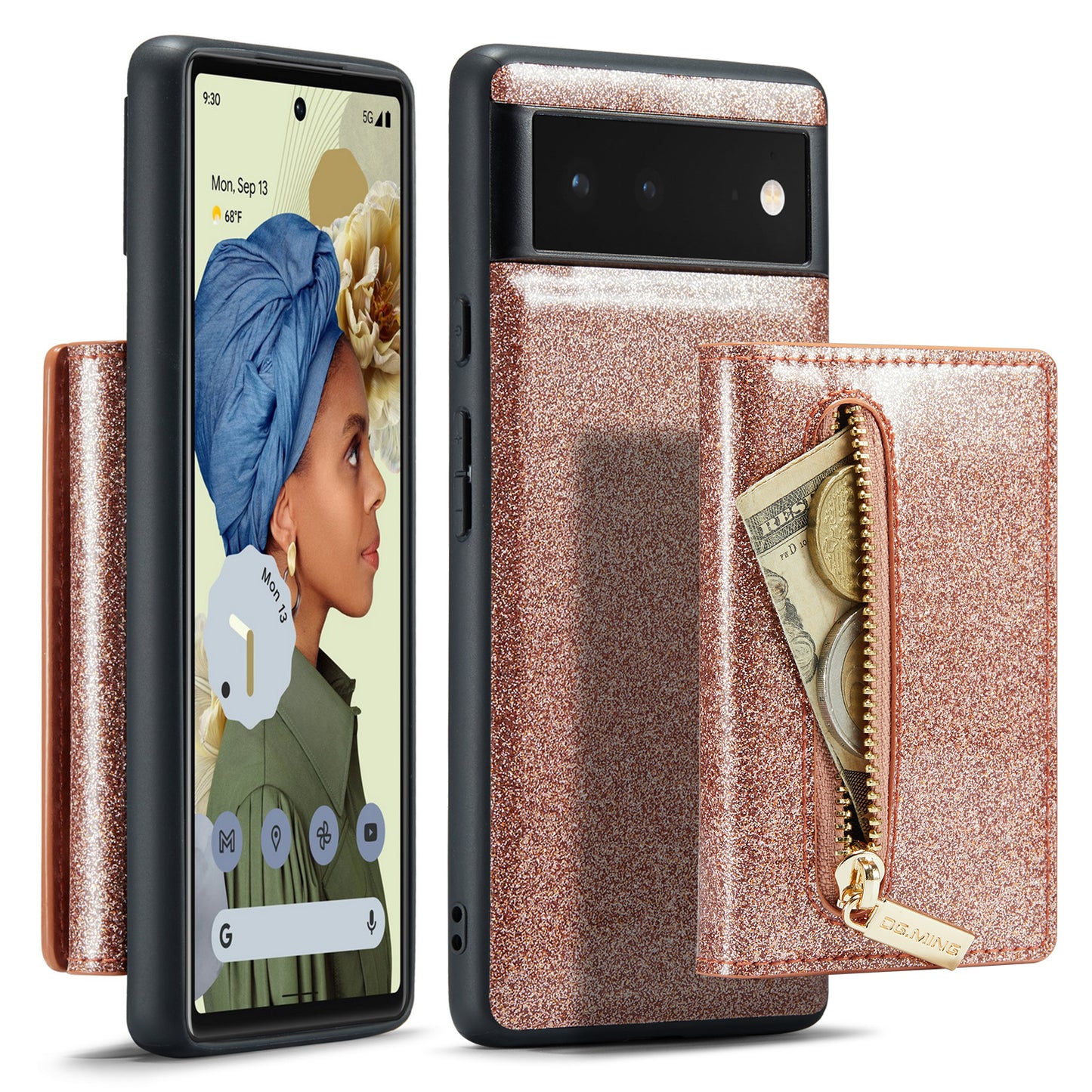 Glitter Leather 2-in-1 Wallet Zipper Google Pixel 6 Case Detachable