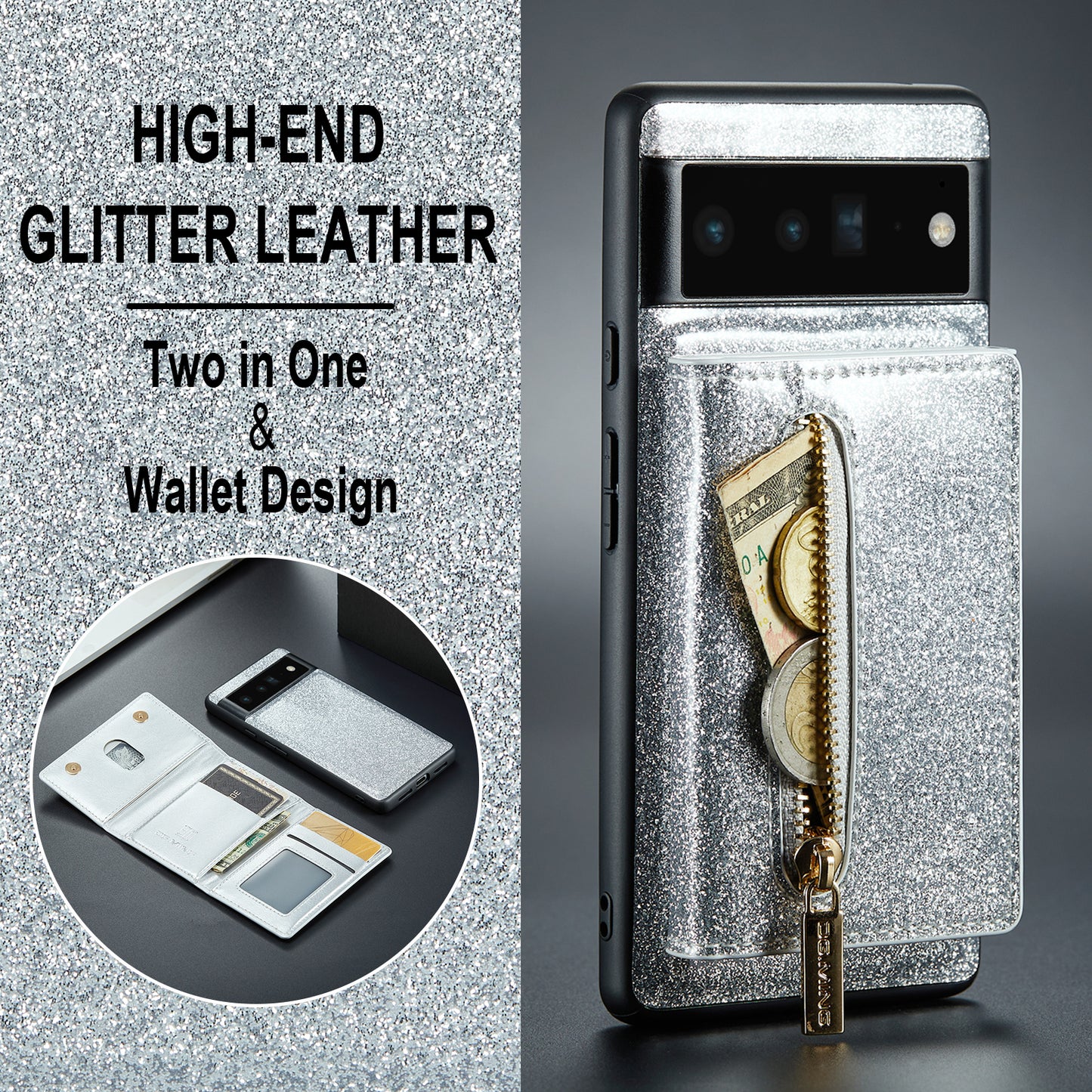 Glitter Leather 2-in-1 Wallet Zipper Google Pixel 6 Pro Case Detachable