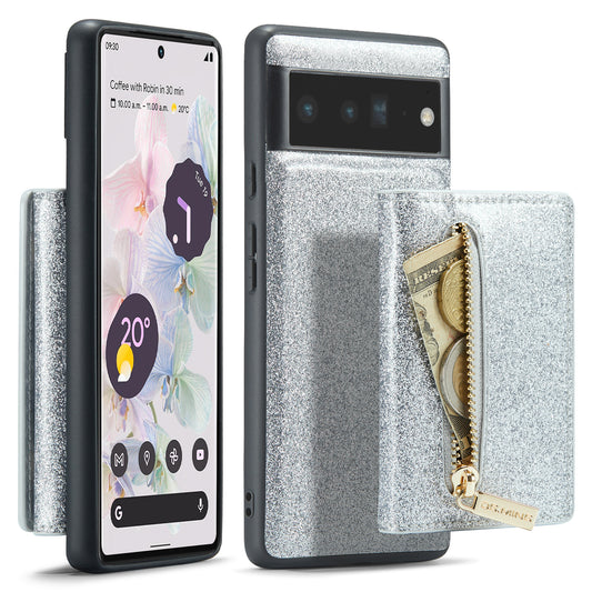 Glitter Leather 2-in-1 Wallet Zipper Google Pixel 6 Pro Case Detachable