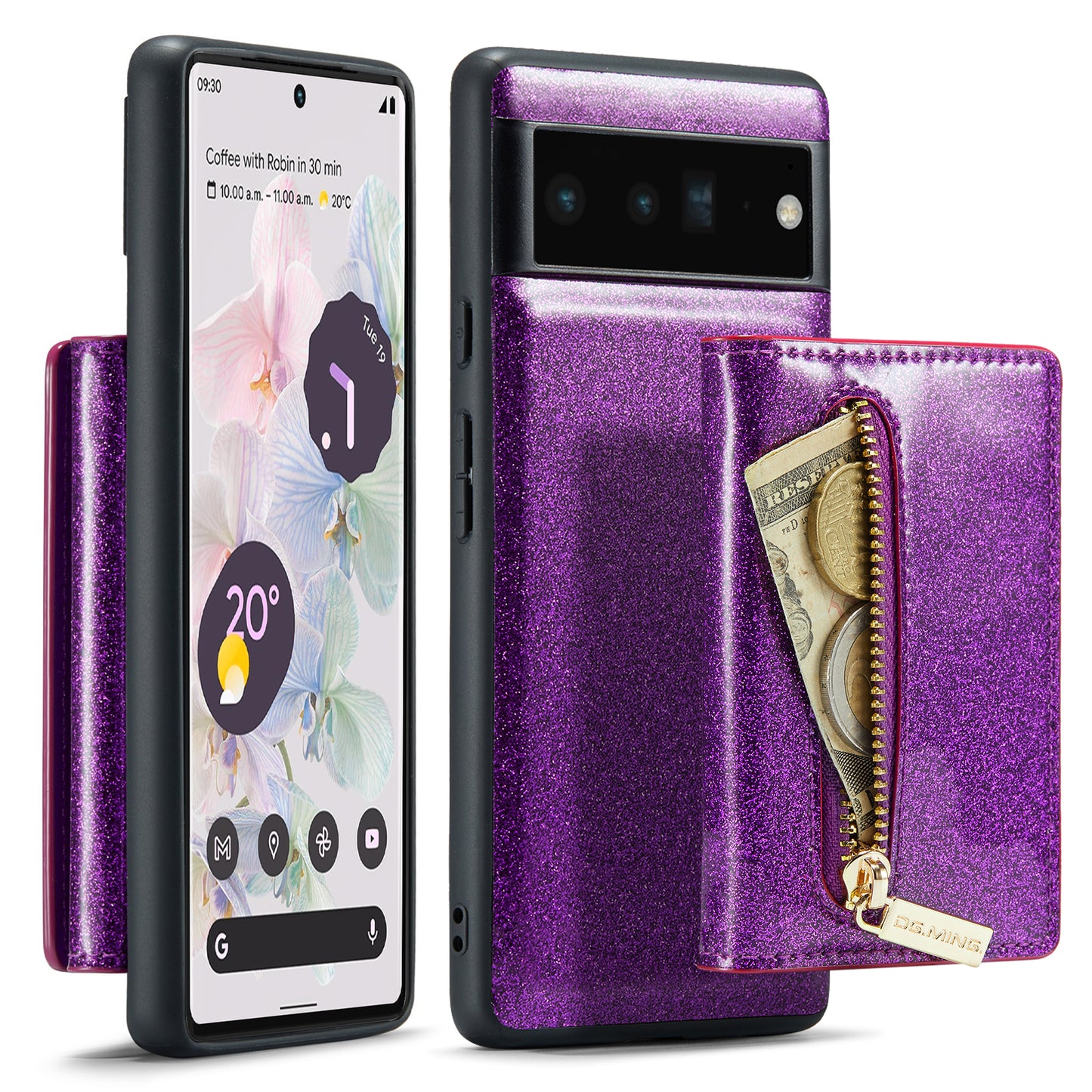 Glitter Leather 2-in-1 Wallet Zipper Google Pixel 6 Pro Case Detachable