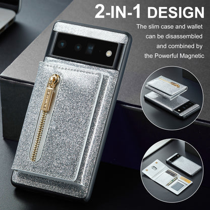 Glitter Leather 2-in-1 Wallet Zipper Google Pixel 6 Pro Case Detachable