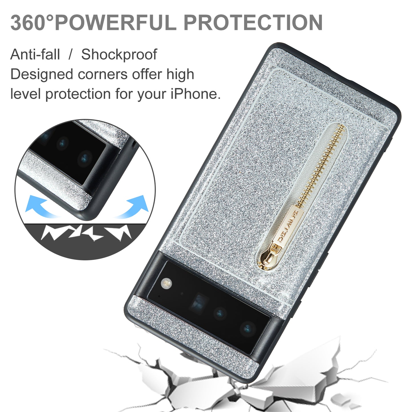 Glitter Leather 2-in-1 Wallet Zipper Google Pixel 6 Pro Case Detachable