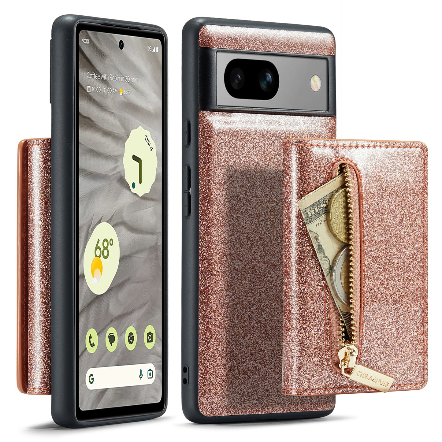 Glitter Leather 2-in-1 Wallet Zipper Google Pixel 7A Case Detachable