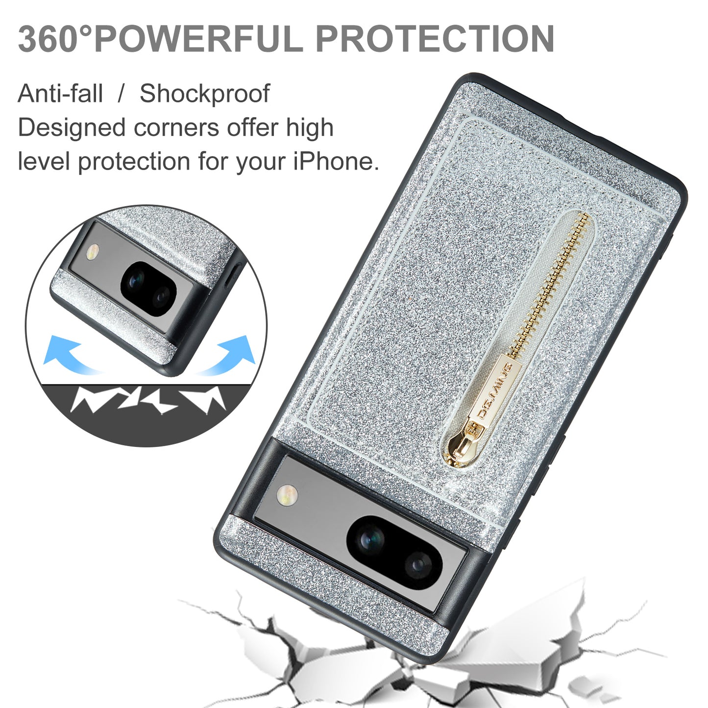 Glitter Leather 2-in-1 Wallet Zipper Google Pixel 7A Case Detachable