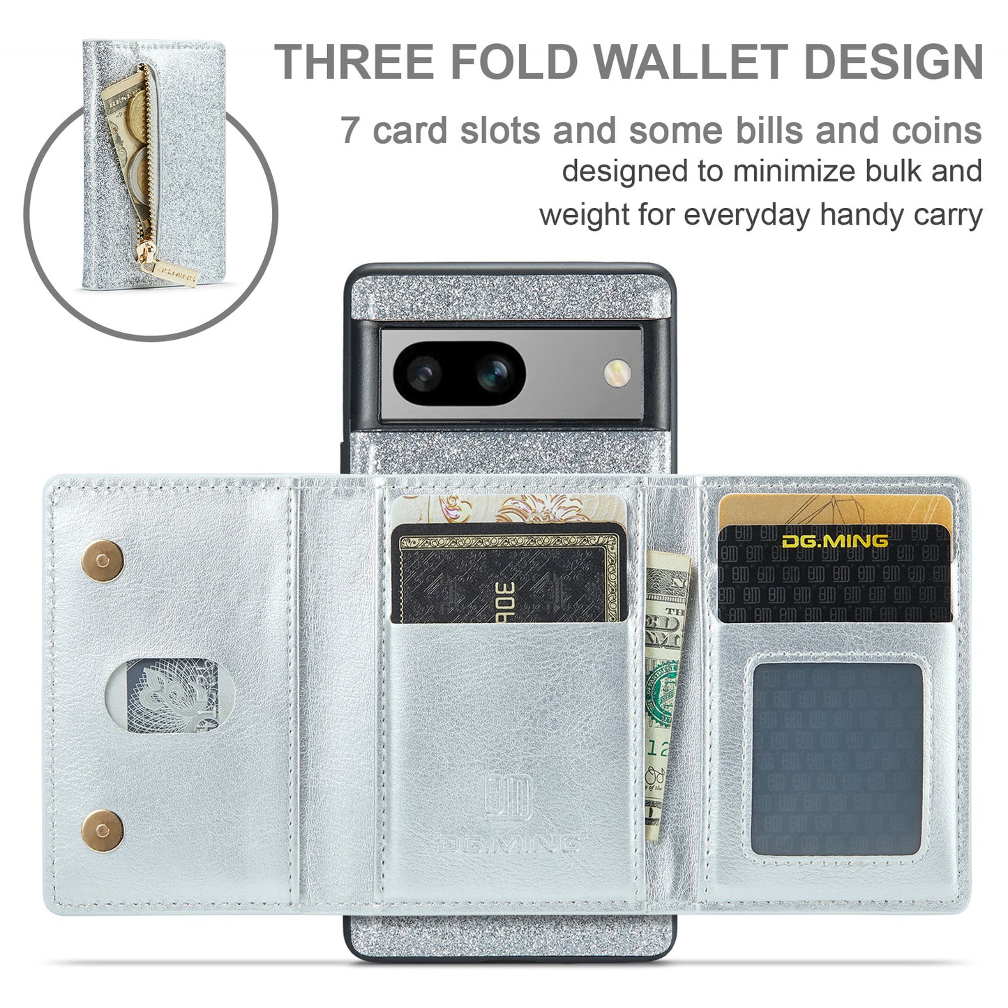 Glitter Leather 2-in-1 Wallet Zipper Google Pixel 7A Case Detachable