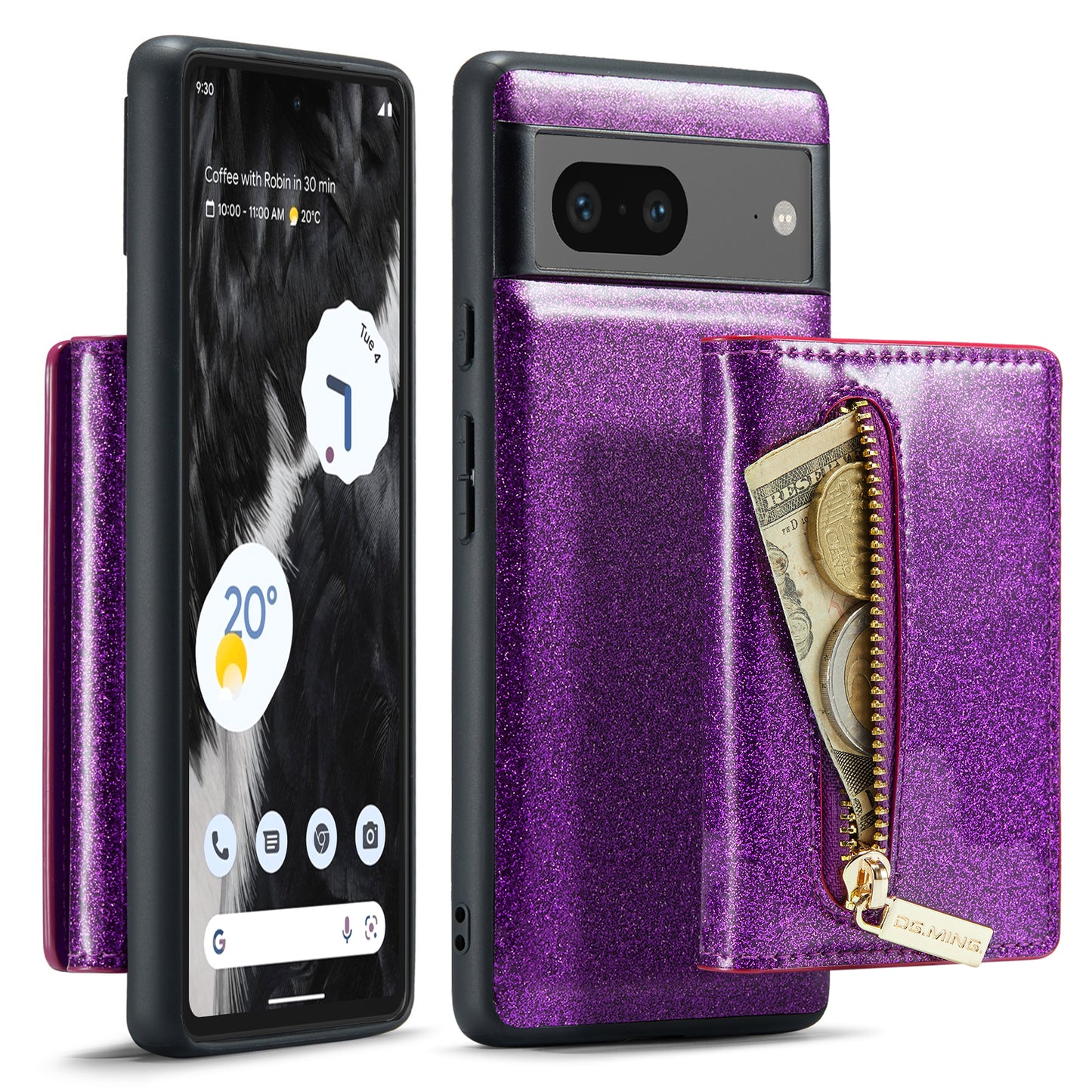 Glitter Leather 2-in-1 Wallet Zipper Google Pixel 7 Case Detachable