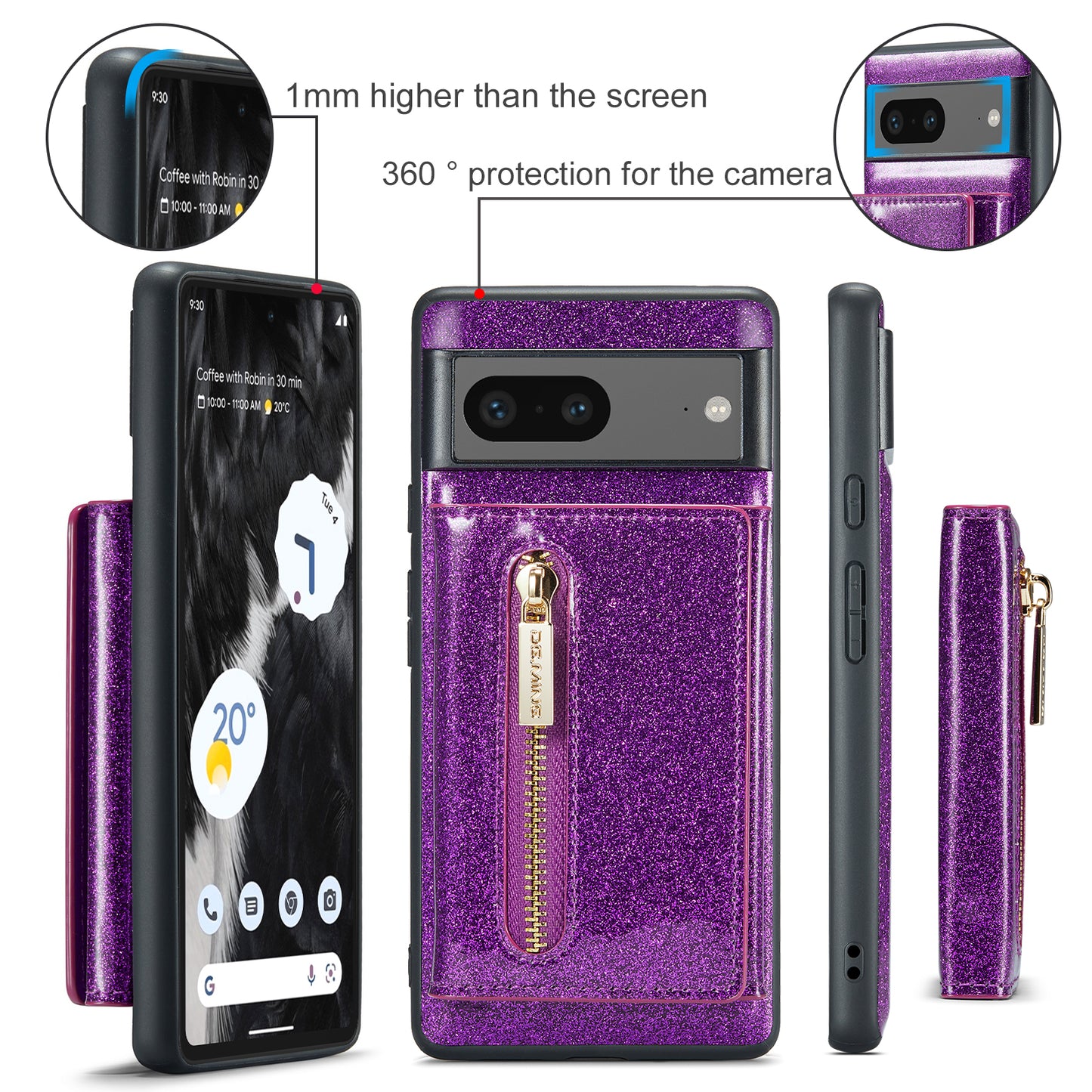 Glitter Leather 2-in-1 Wallet Zipper Google Pixel 7 Case Detachable