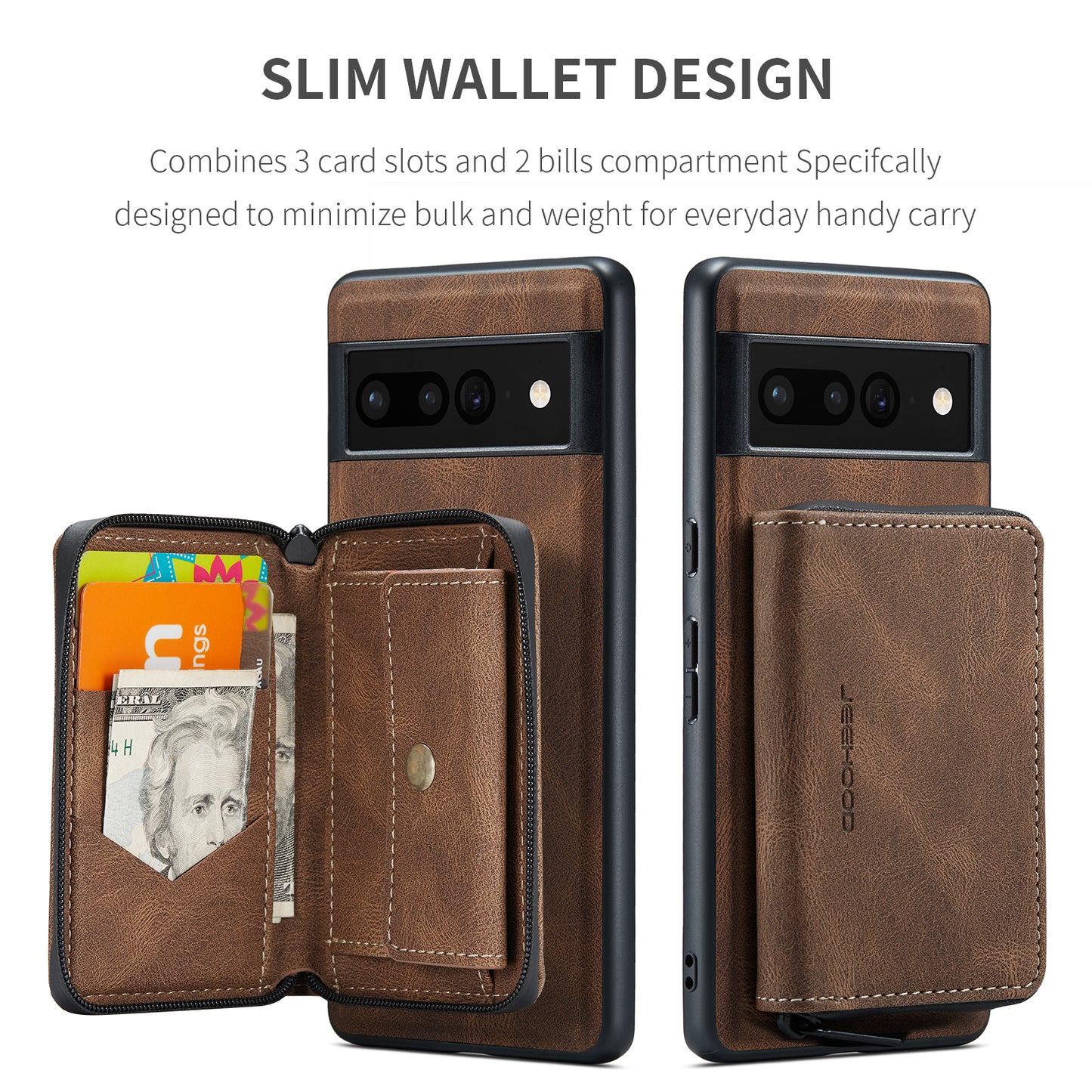 Magnetic Removable Zipper Wallet Google Pixel 7 Pro Case Leather Back