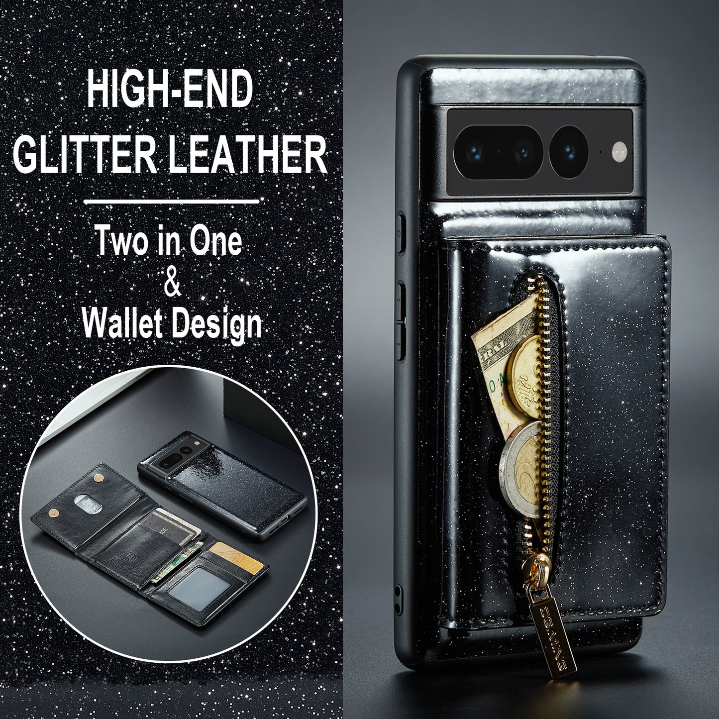 Glitter Leather 2-in-1 Wallet Zipper Google Pixel 7 Pro Case Detachable