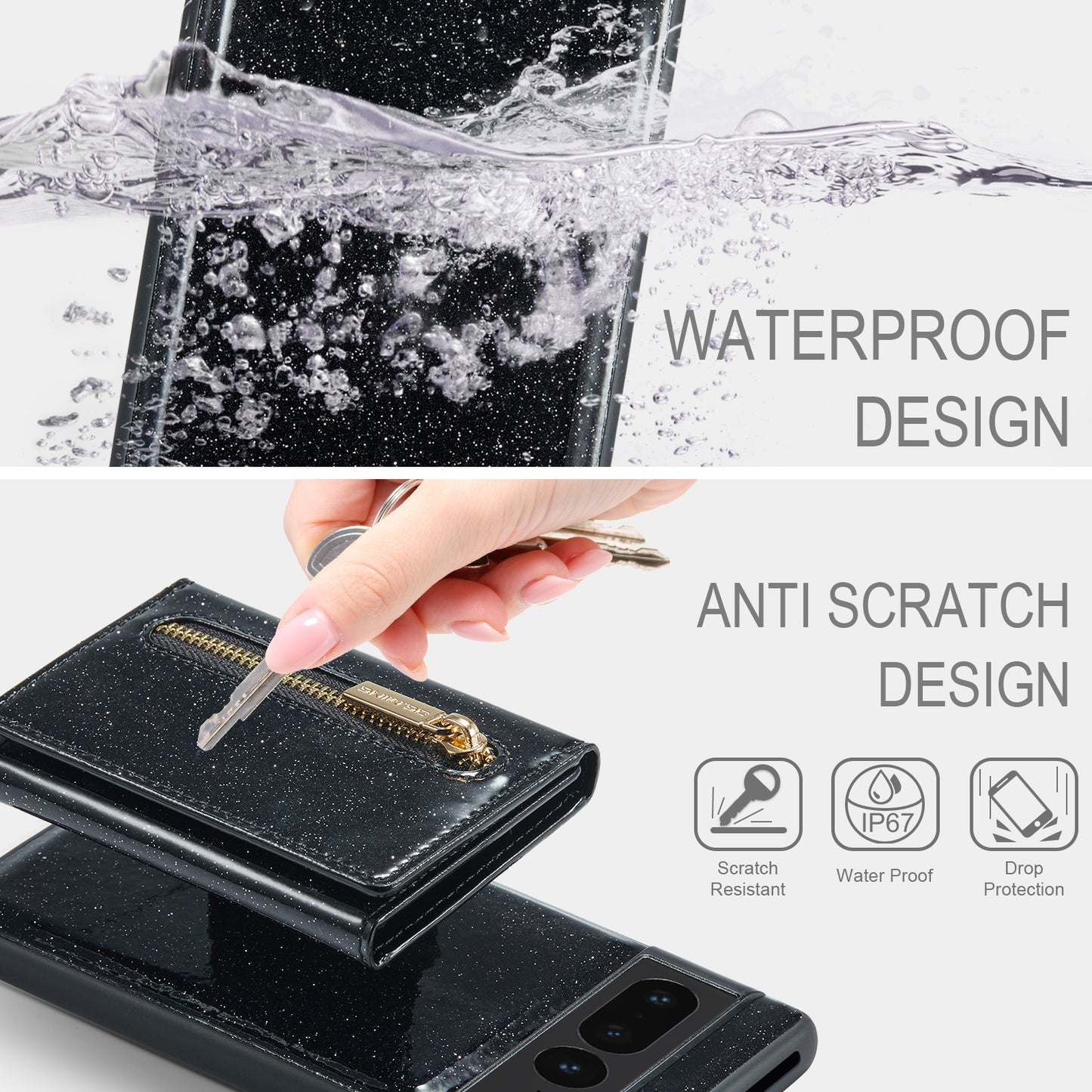 Glitter Leather 2-in-1 Wallet Zipper Google Pixel 7 Pro Case Detachable