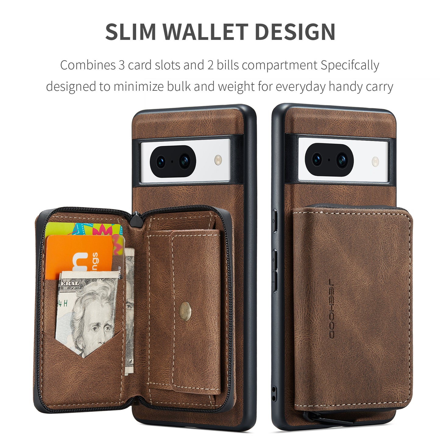 Magnetic Removable Zipper Wallet Google Pixel 8A Case Leather Back