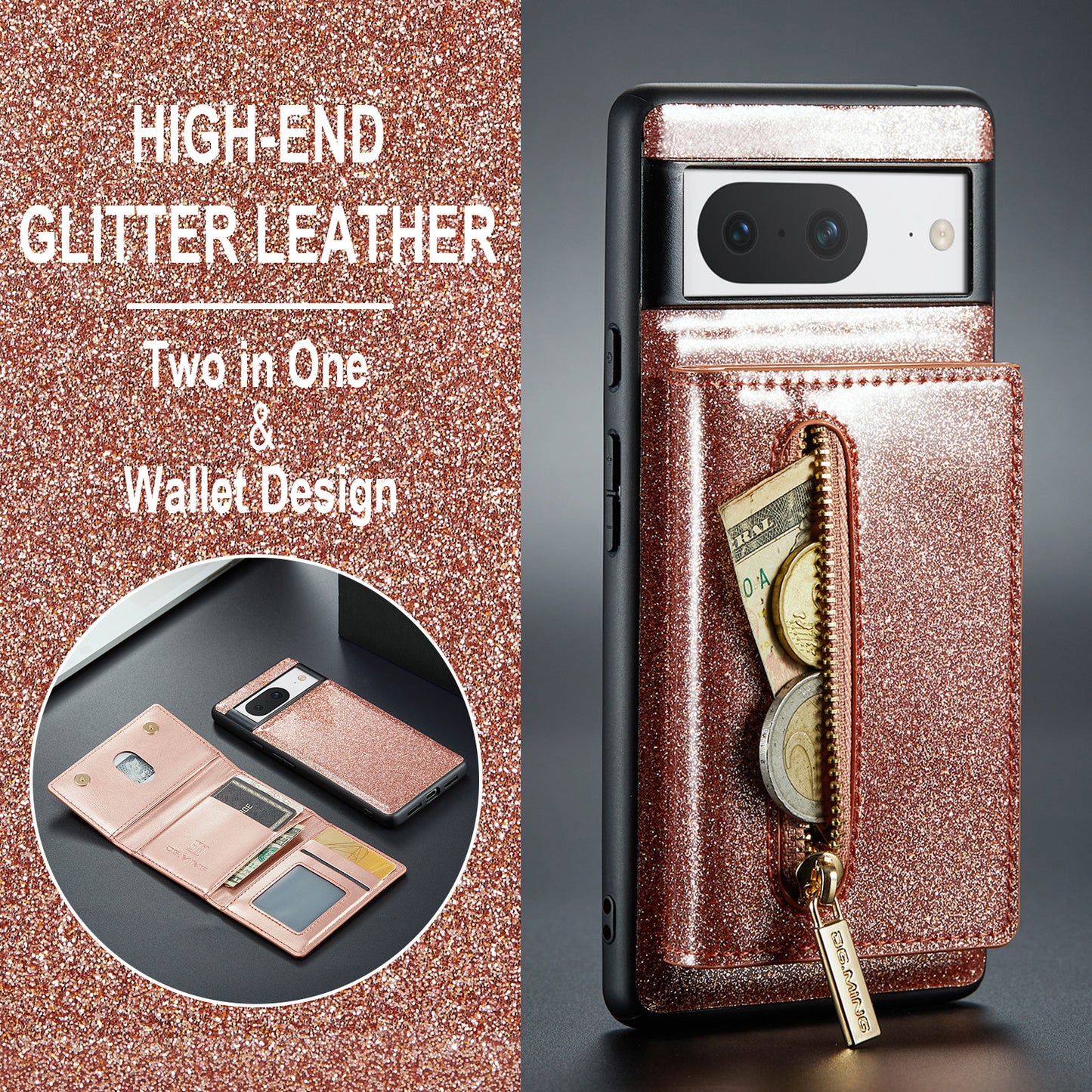 Glitter Leather 2-in-1 Wallet Zipper Google Pixel 8 Case Detachable