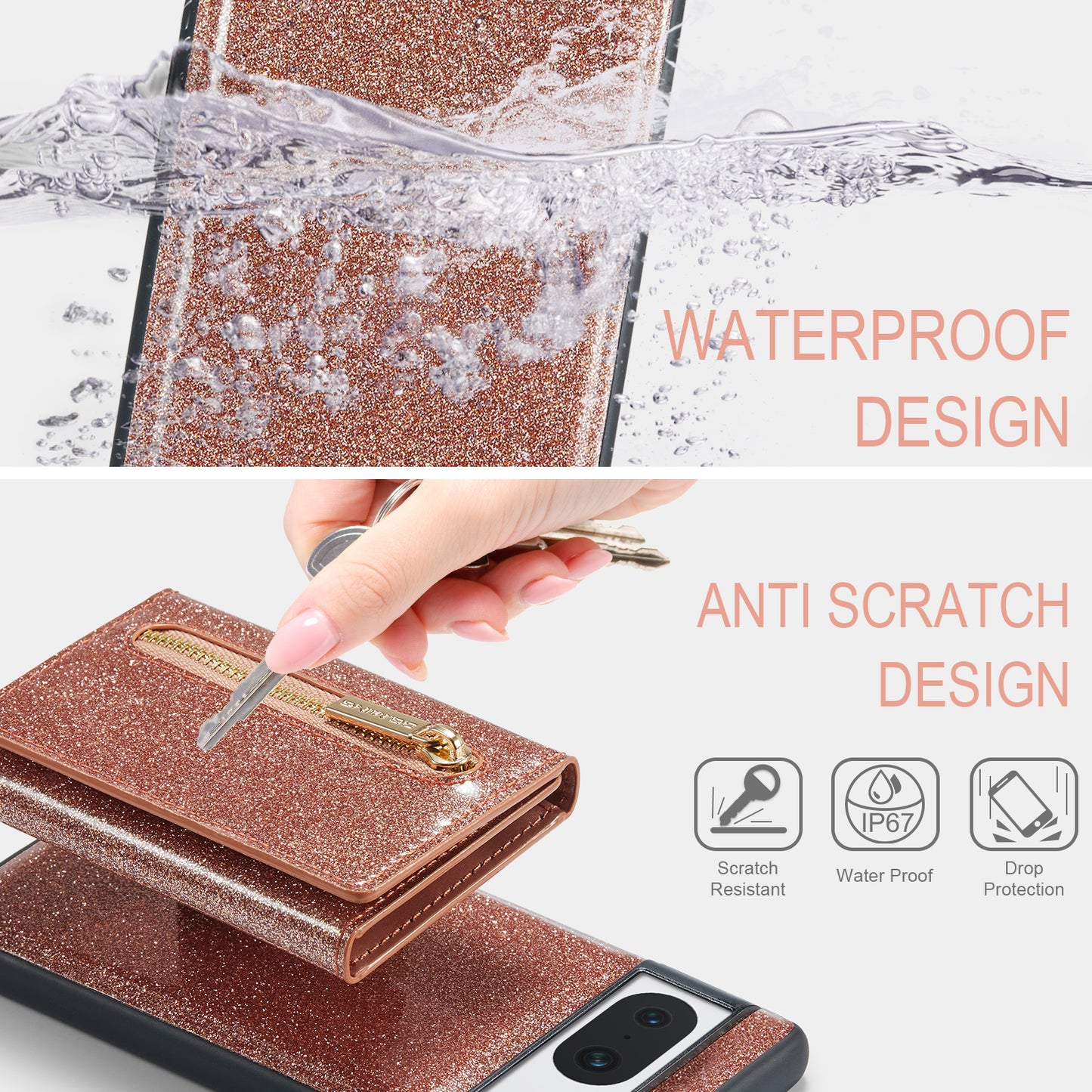 Glitter Leather 2-in-1 Wallet Zipper Google Pixel 8 Case Detachable