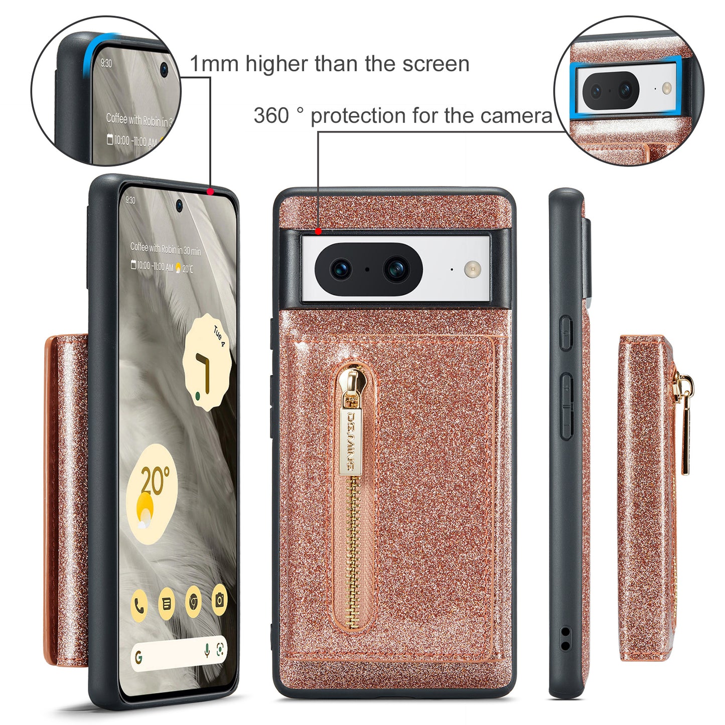 Glitter Leather 2-in-1 Wallet Zipper Google Pixel 8 Case Detachable