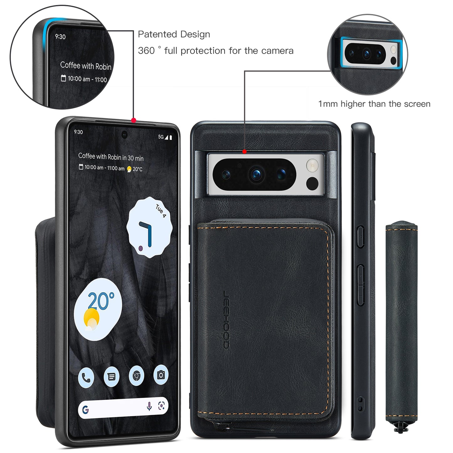 Magnetic Removable Zipper Wallet Google Pixel 8 Pro Case Leather Back