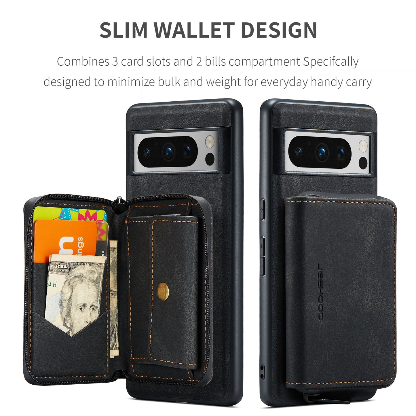 Magnetic Removable Zipper Wallet Google Pixel 8 Pro Case Leather Back