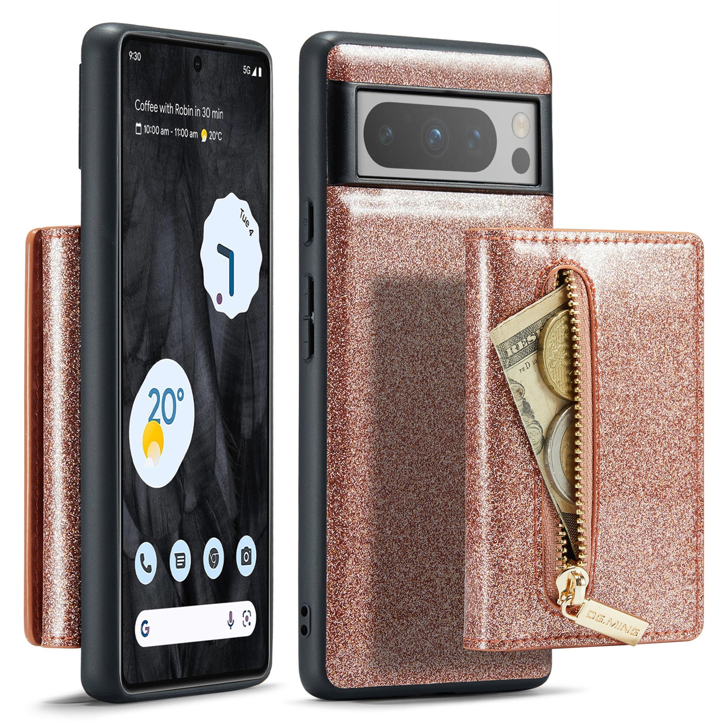 Glitter Leather 2-in-1 Wallet Zipper Google Pixel 8 Pro Case Detachable