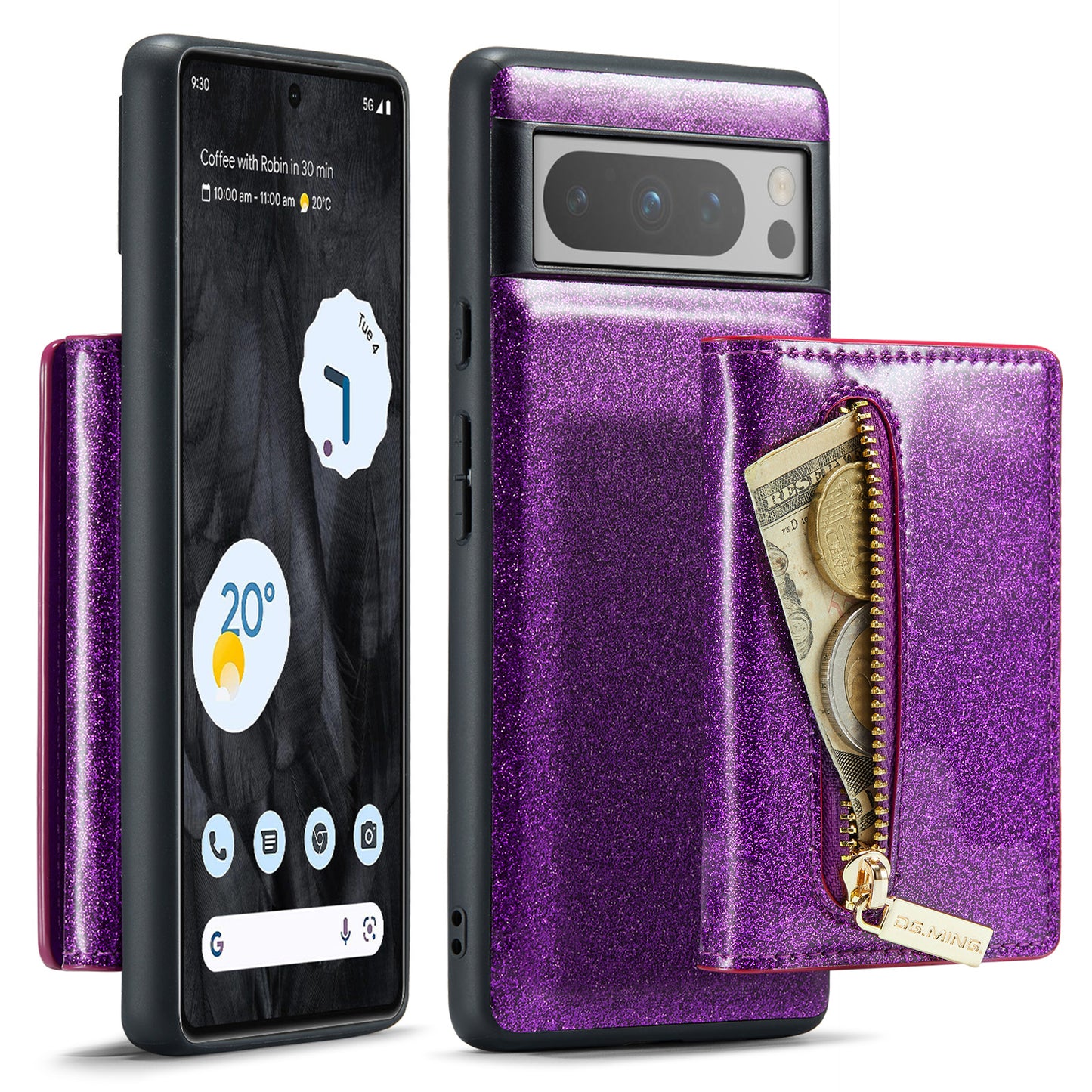 Glitter Leather 2-in-1 Wallet Zipper Google Pixel 8 Pro Case Detachable