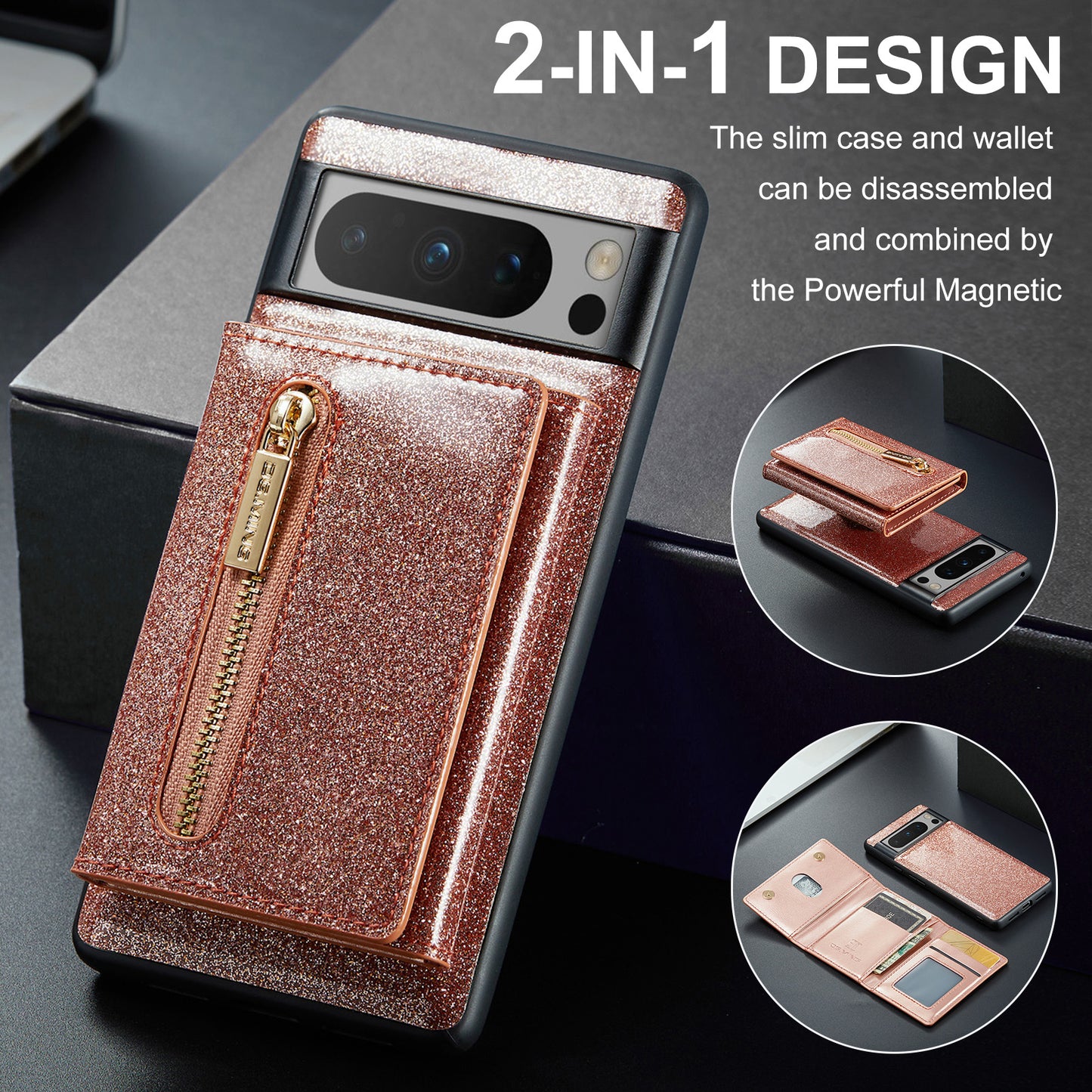 Glitter Leather 2-in-1 Wallet Zipper Google Pixel 8 Pro Case Detachable