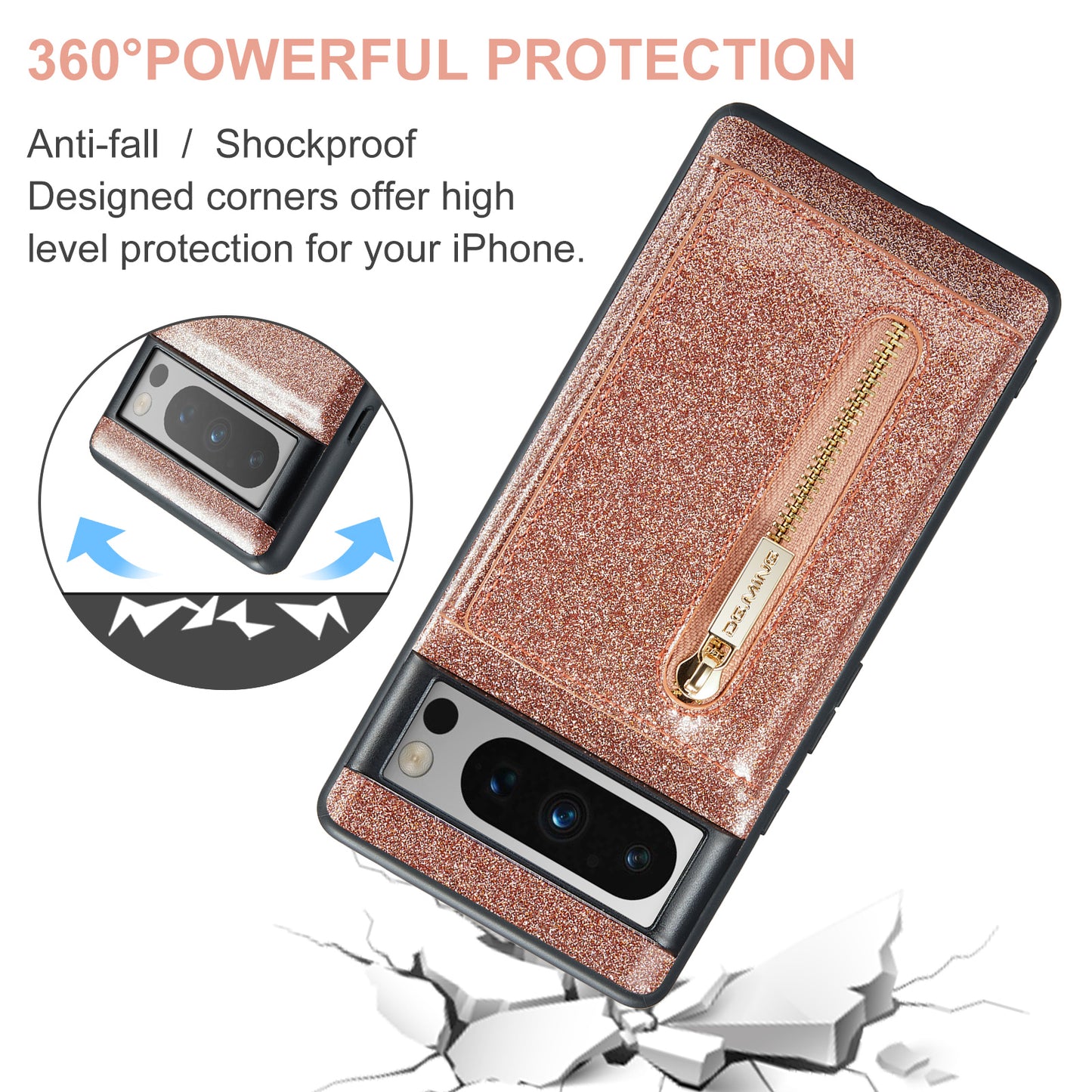 Glitter Leather 2-in-1 Wallet Zipper Google Pixel 8 Pro Case Detachable