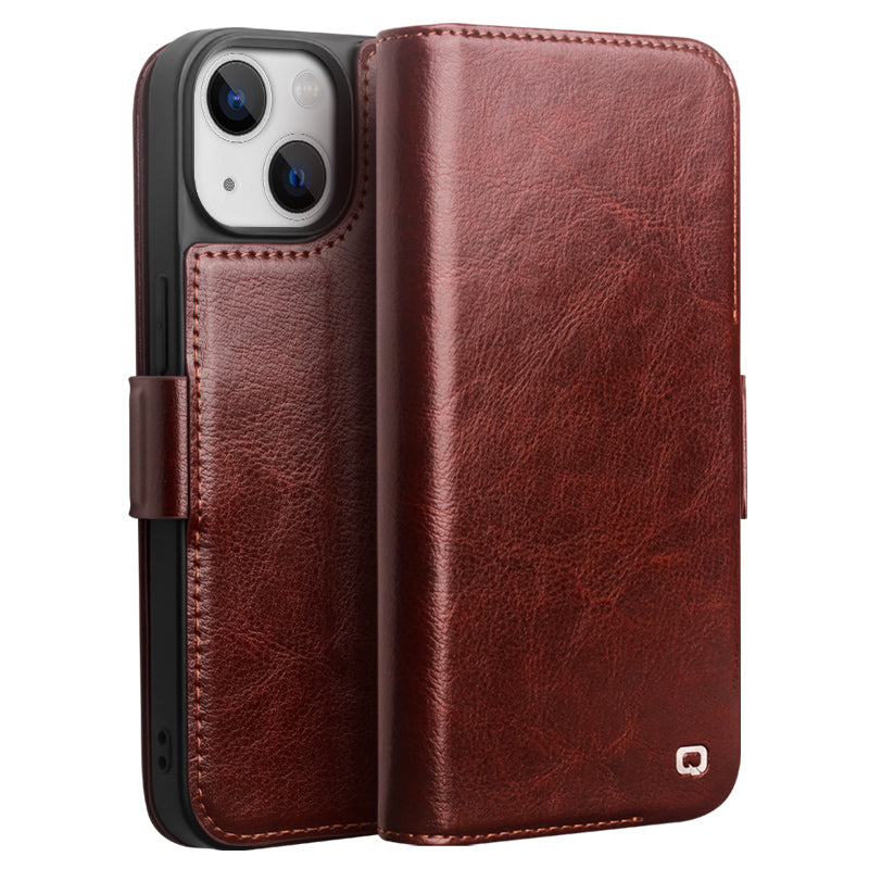 QIALION Business Wallet Genuine Leather iPhone 14 Plus Phone Case