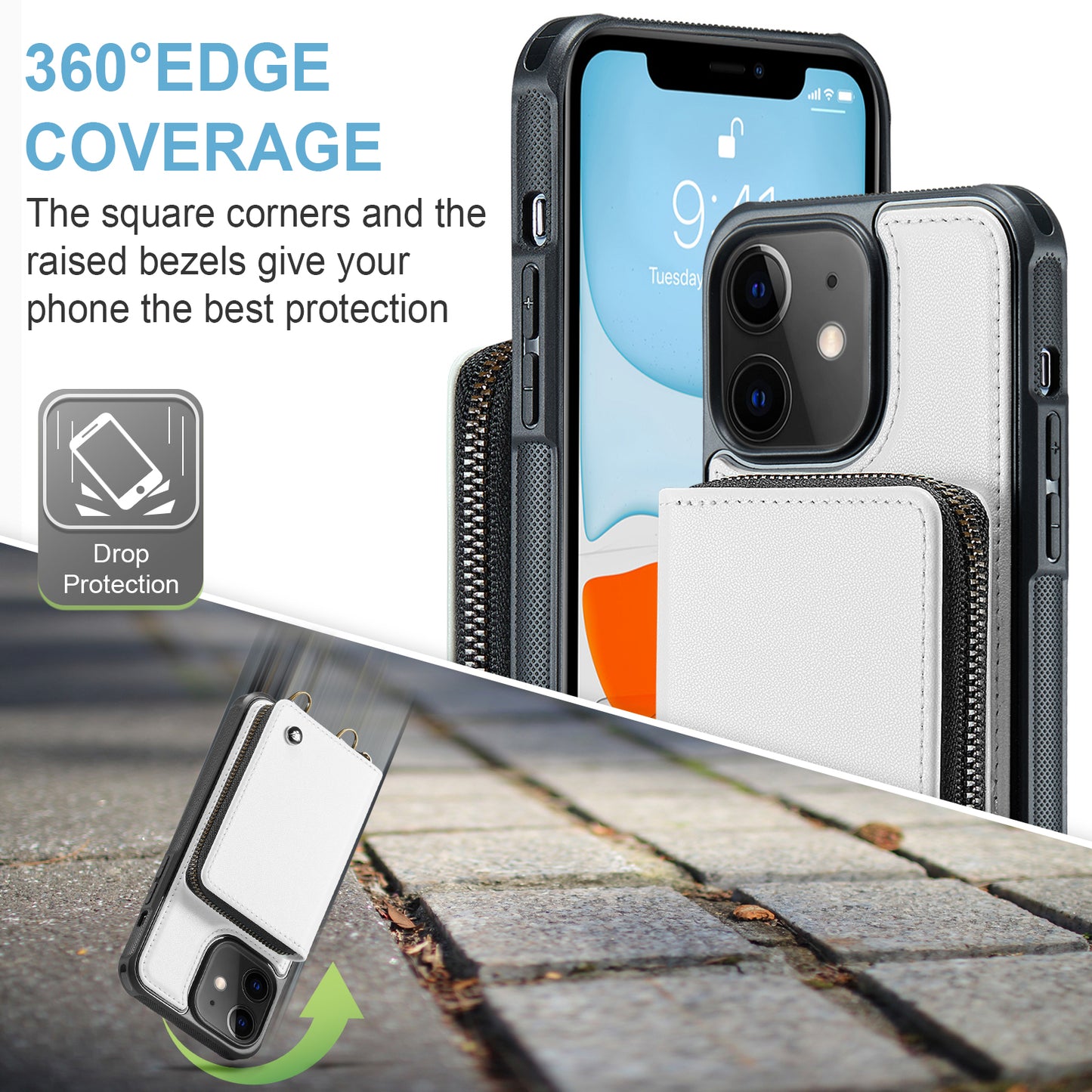 Zipper Card Holder iPhone 11 Case with Shoulder Hand Strap