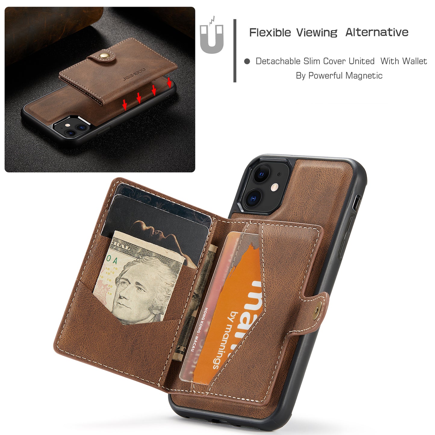 Magnetic Detachable Card Holder iPhone 11 Pro Case Leather Flip