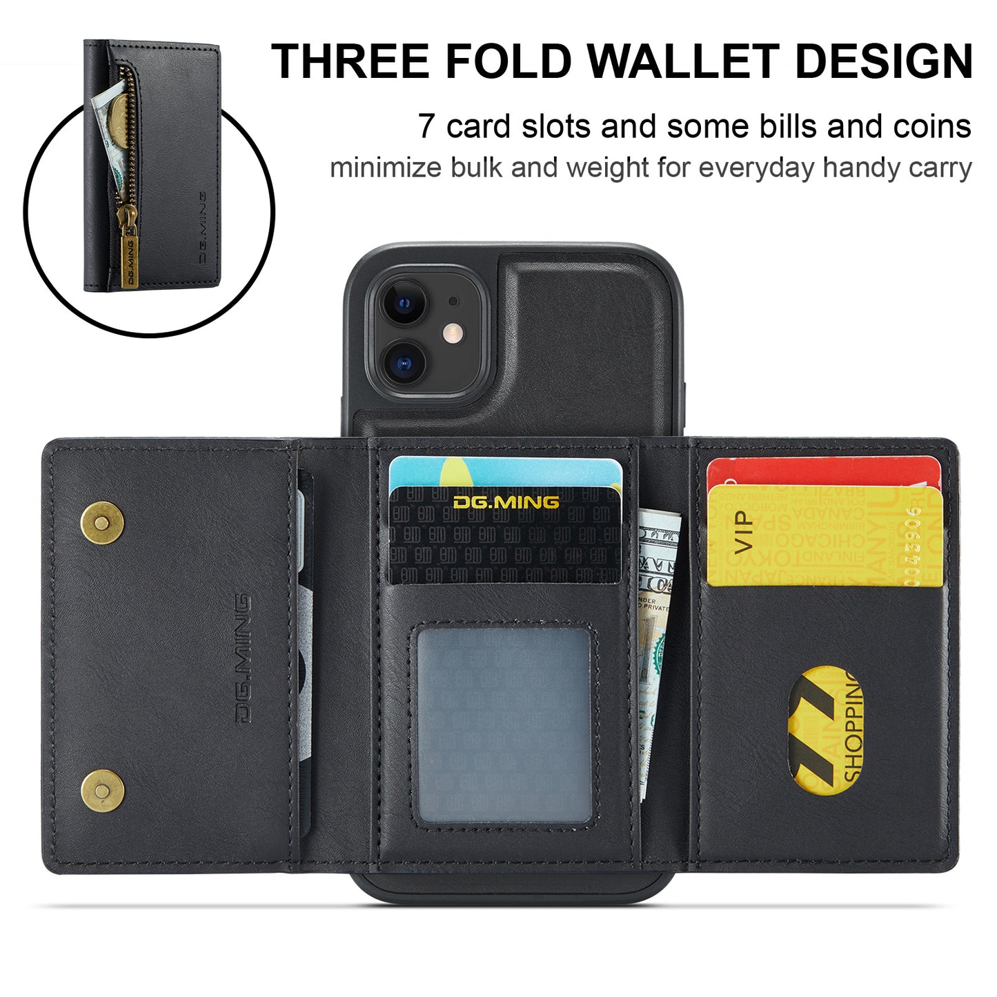 Wallet Detachable Tri-fold iPhone 11 Case Muilti Card Slots