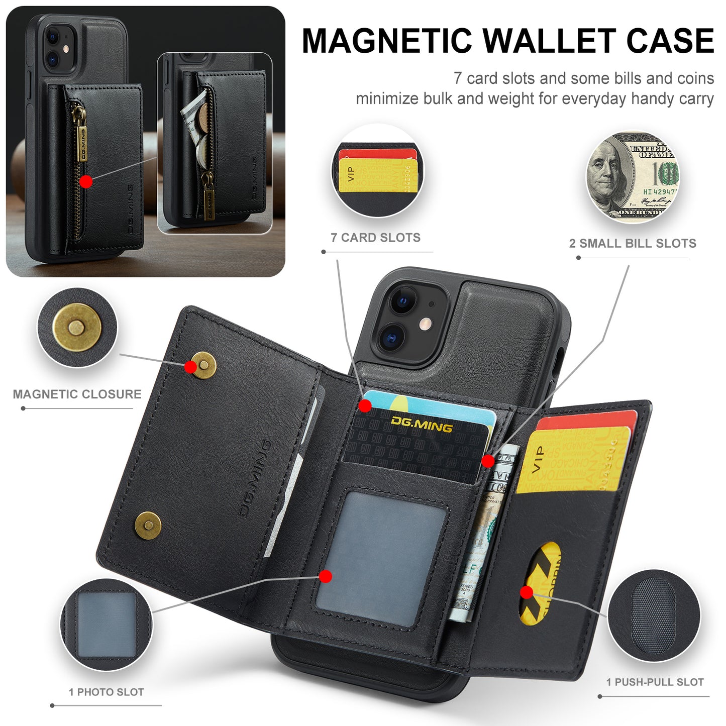 Wallet Detachable Tri-fold iPhone 11 Case Muilti Card Slots