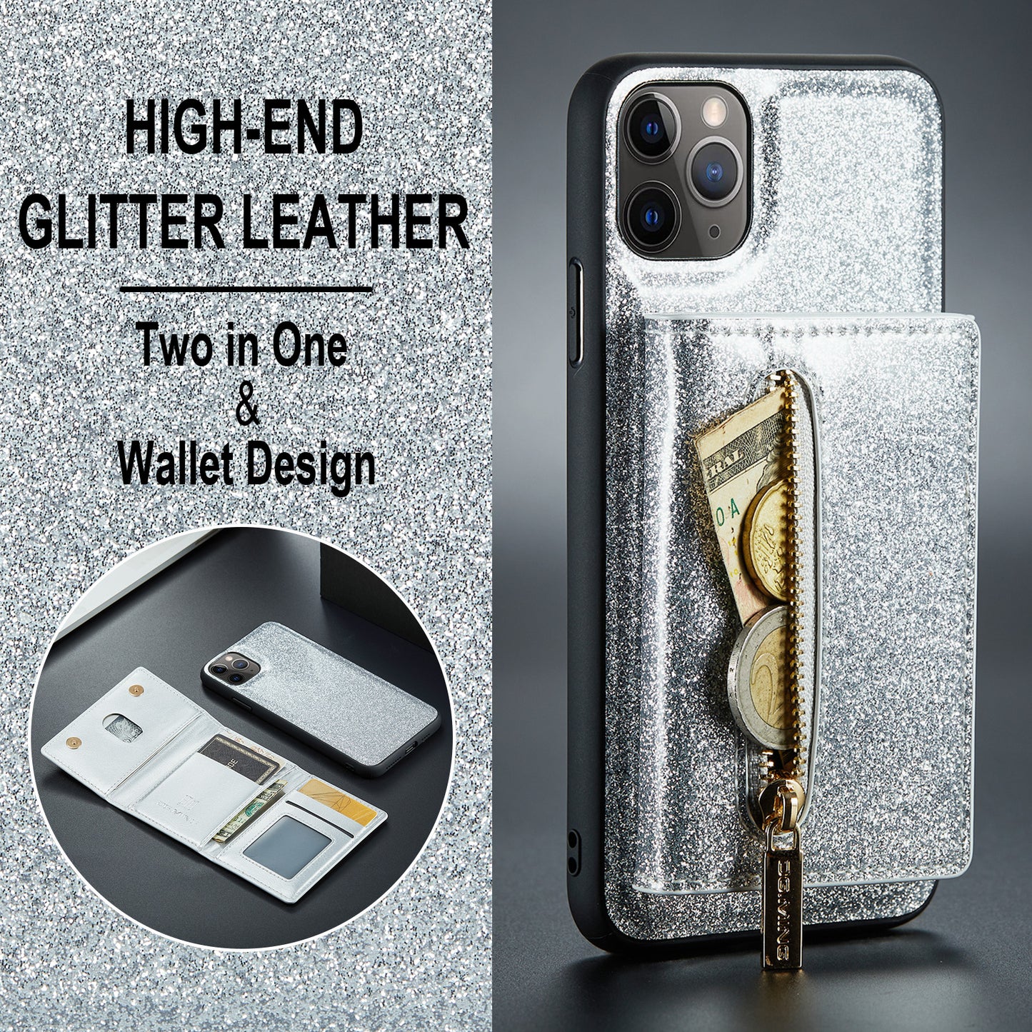 Glitter Leather 2-in-1 Wallet Zipper iPhone 11 Pro Case Detachable