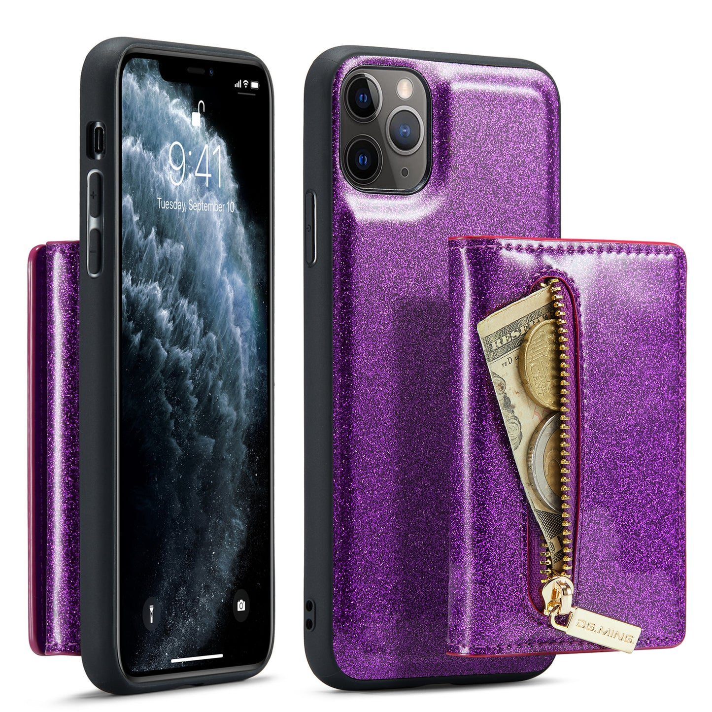 Glitter Leather 2-in-1 Wallet Zipper iPhone 11 Pro Case Detachable