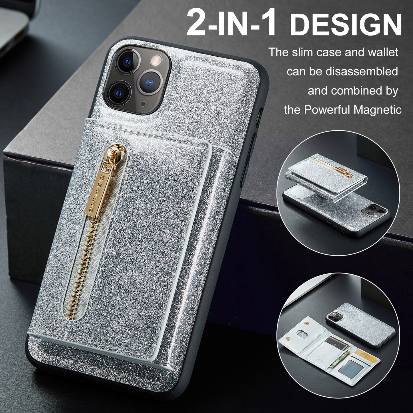 Glitter Leather 2-in-1 Wallet Zipper iPhone 11 Pro Case Detachable