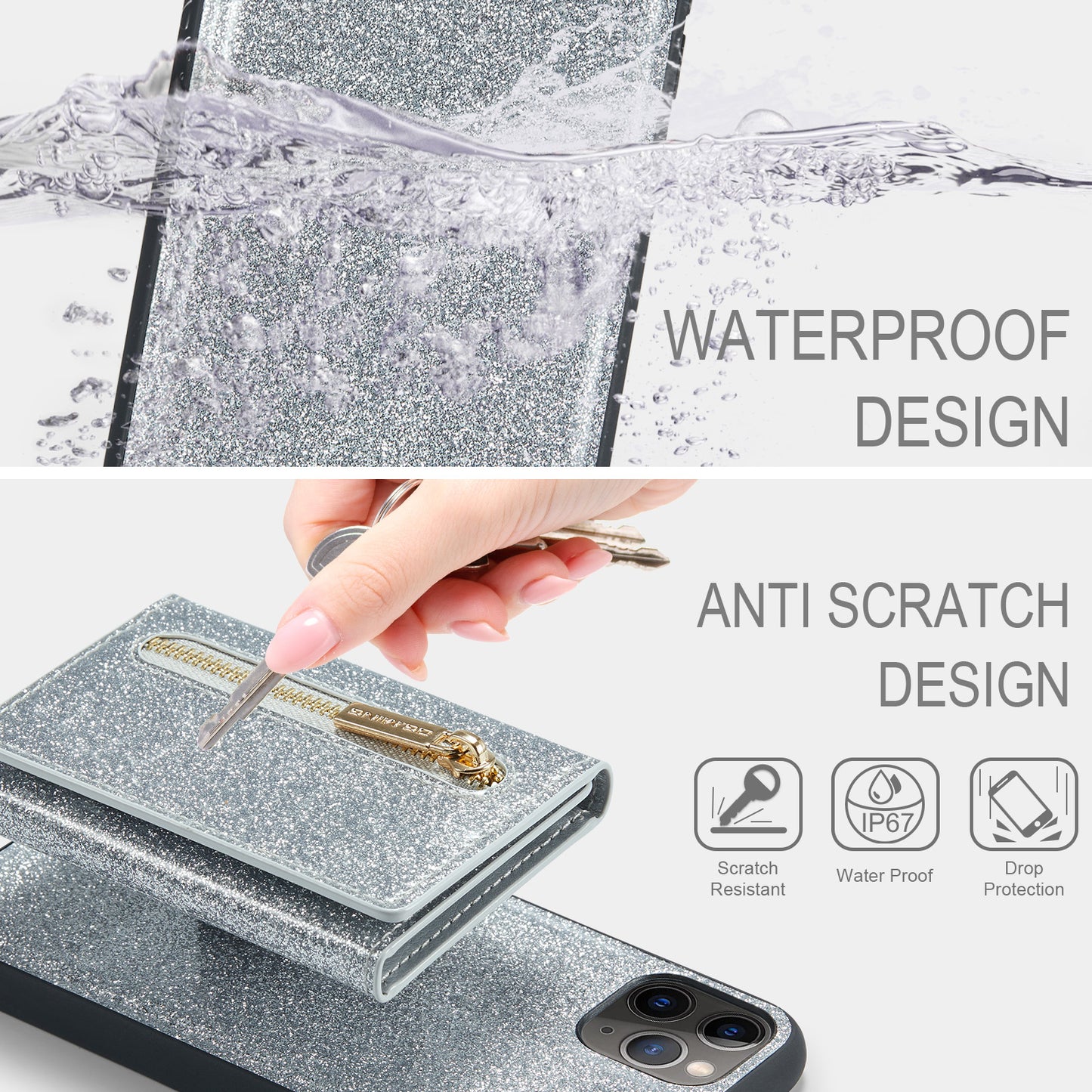 Glitter Leather 2-in-1 Wallet Zipper iPhone 11 Pro Case Detachable