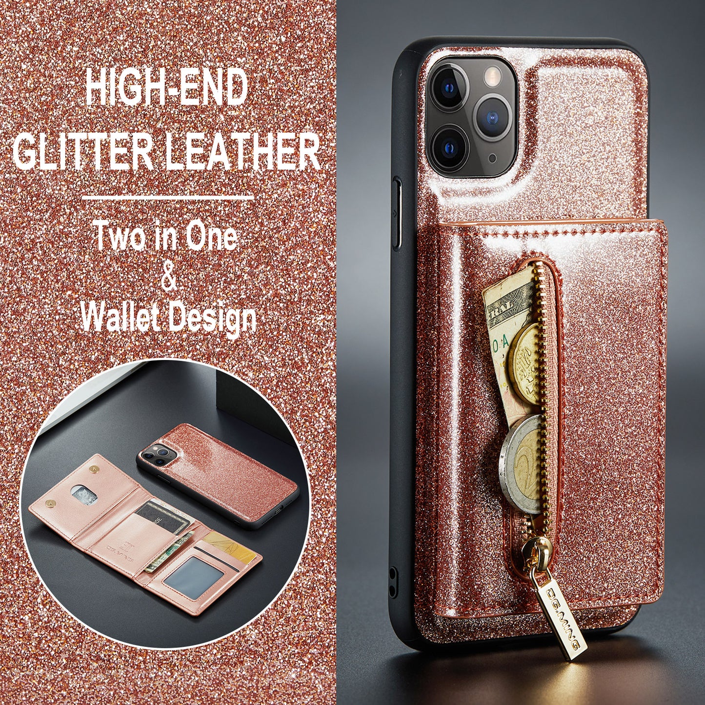 Glitter Leather 2-in-1 Wallet Zipper iPhone 11 Pro Max Case Detachable