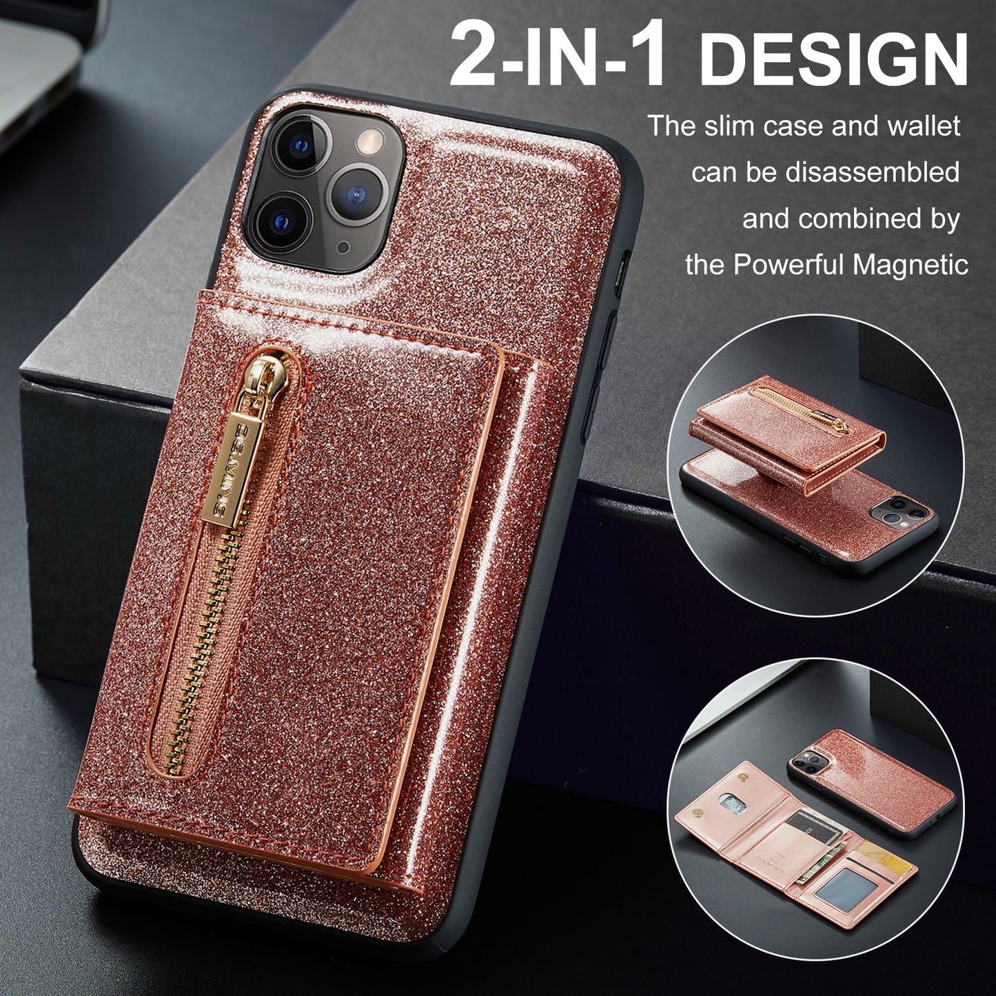 Glitter Leather 2-in-1 Wallet Zipper iPhone 11 Pro Max Case Detachable