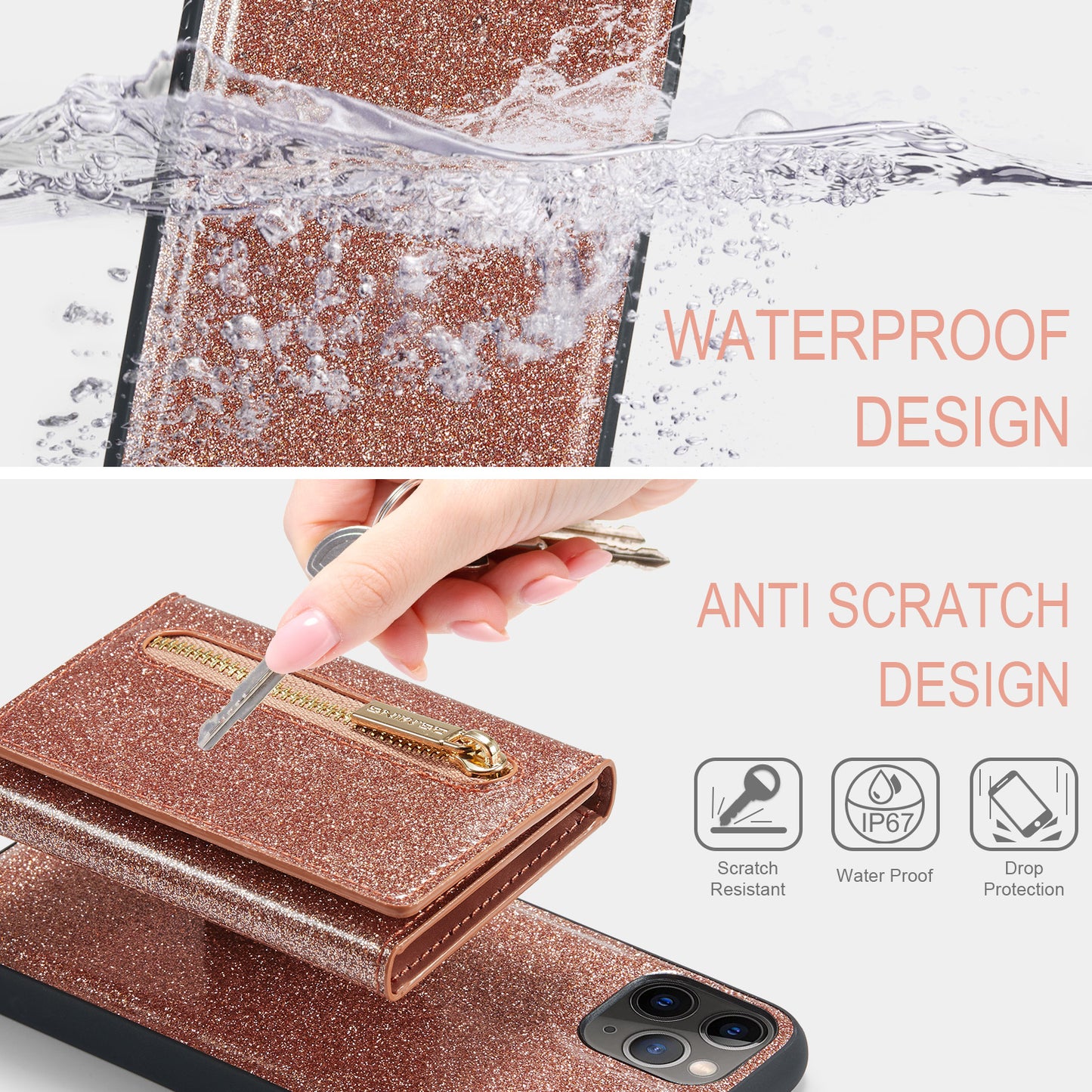 Glitter Leather 2-in-1 Wallet Zipper iPhone 11 Pro Max Case Detachable