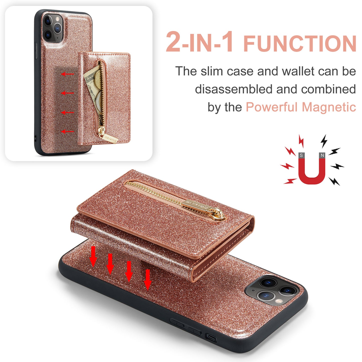 Glitter Leather 2-in-1 Wallet Zipper iPhone 11 Pro Max Case Detachable