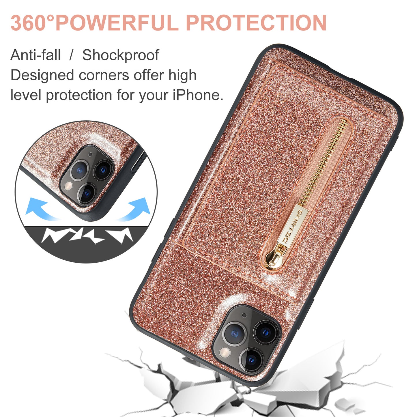 Glitter Leather 2-in-1 Wallet Zipper iPhone 11 Pro Max Case Detachable