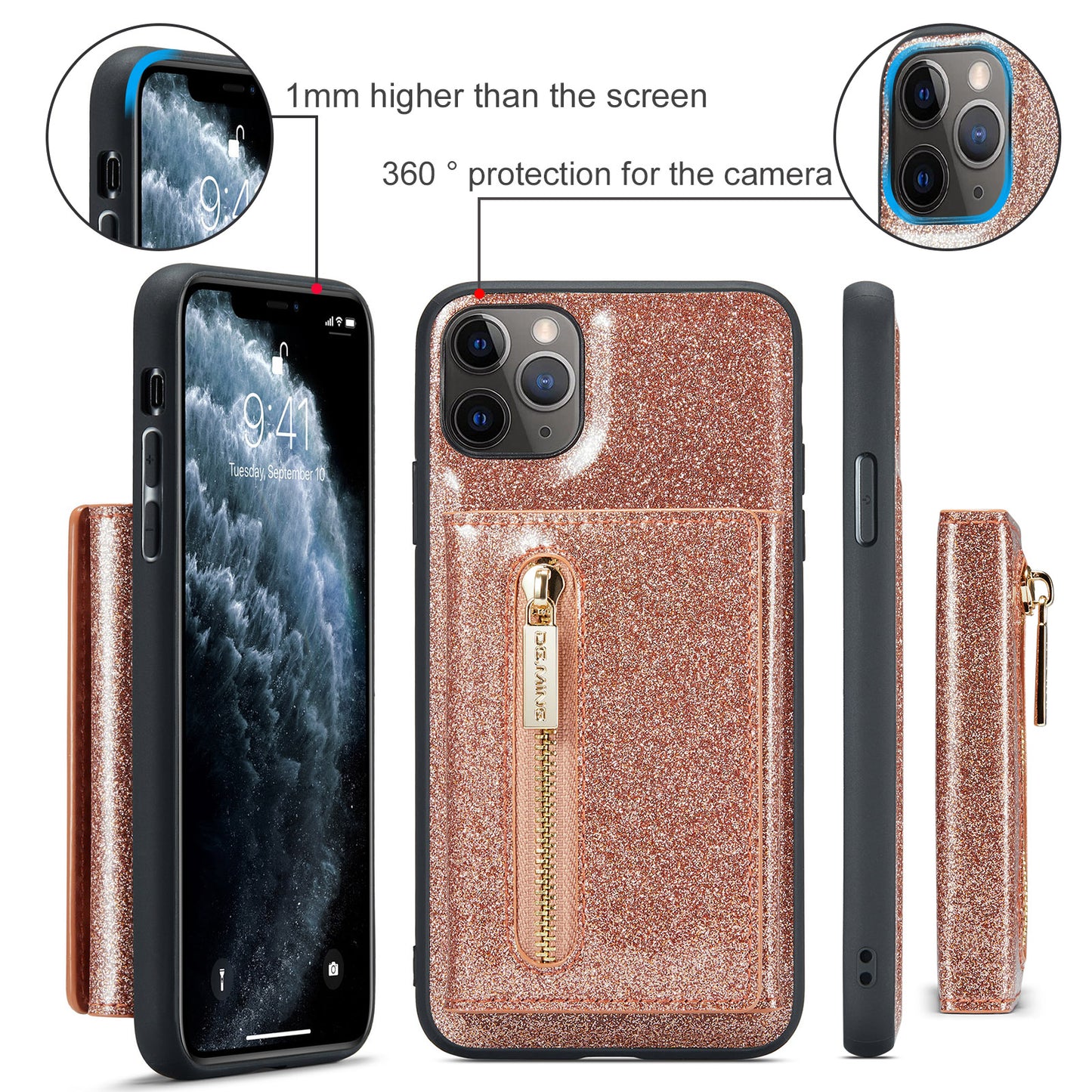 Glitter Leather 2-in-1 Wallet Zipper iPhone 11 Pro Max Case Detachable