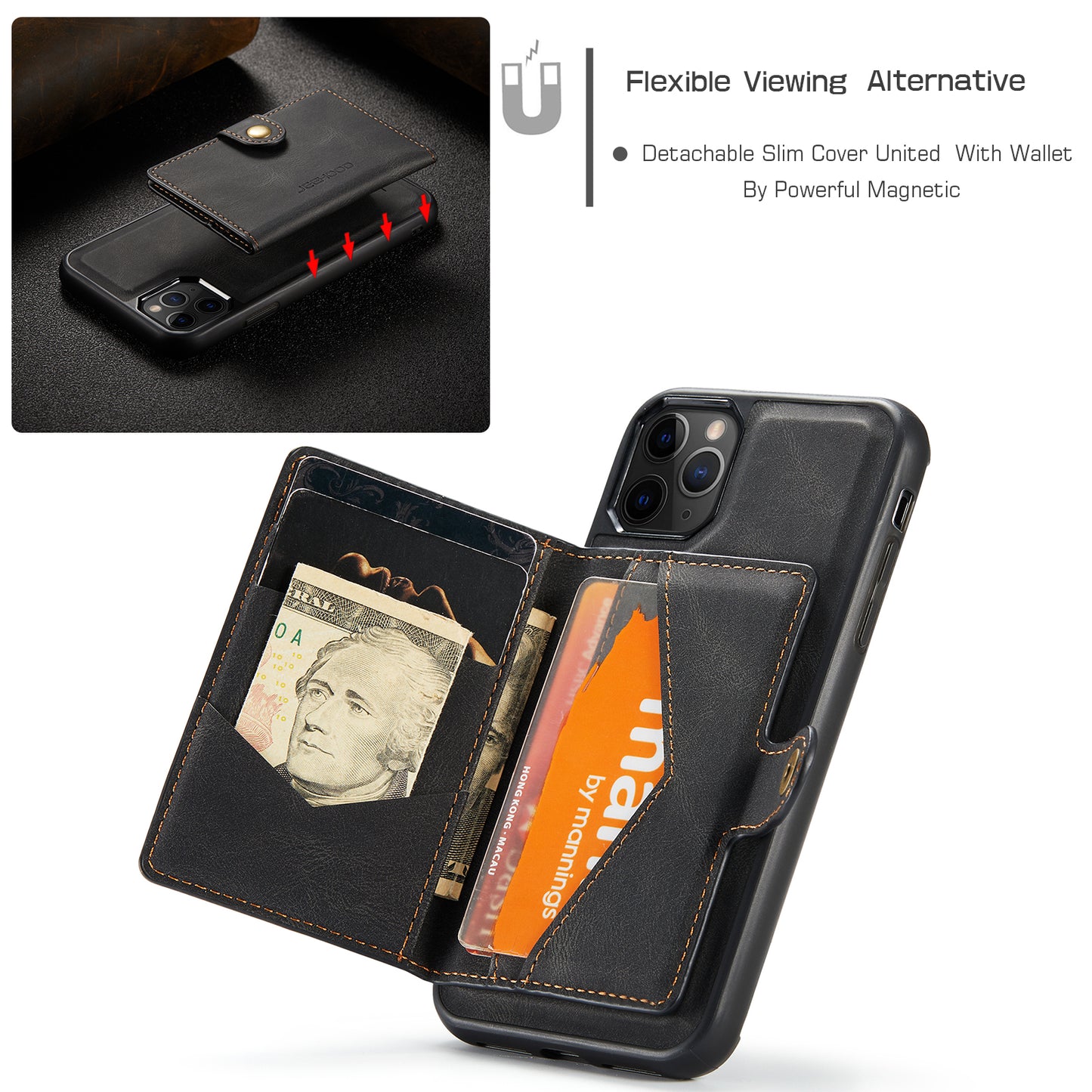 Magnetic Detachable Card Holder iPhone 11 Pro Max Case Leather Flip