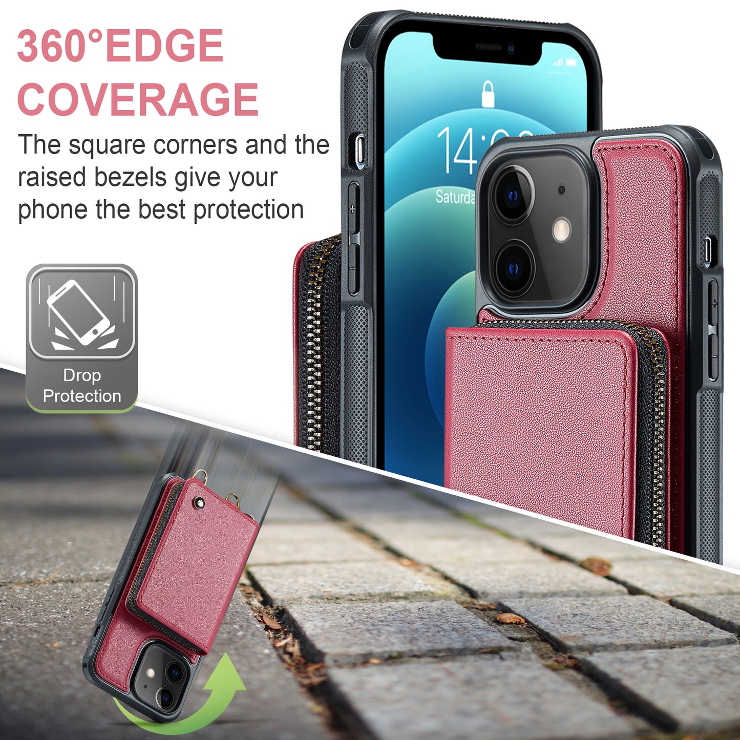 Zipper Card Holder iPhone 12 Mini Case with Shoulder Hand Strap