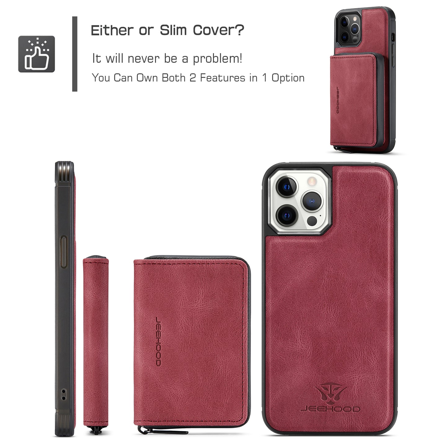 Magnetic Removable Zipper Wallet iPhone 12 Case Leather Back