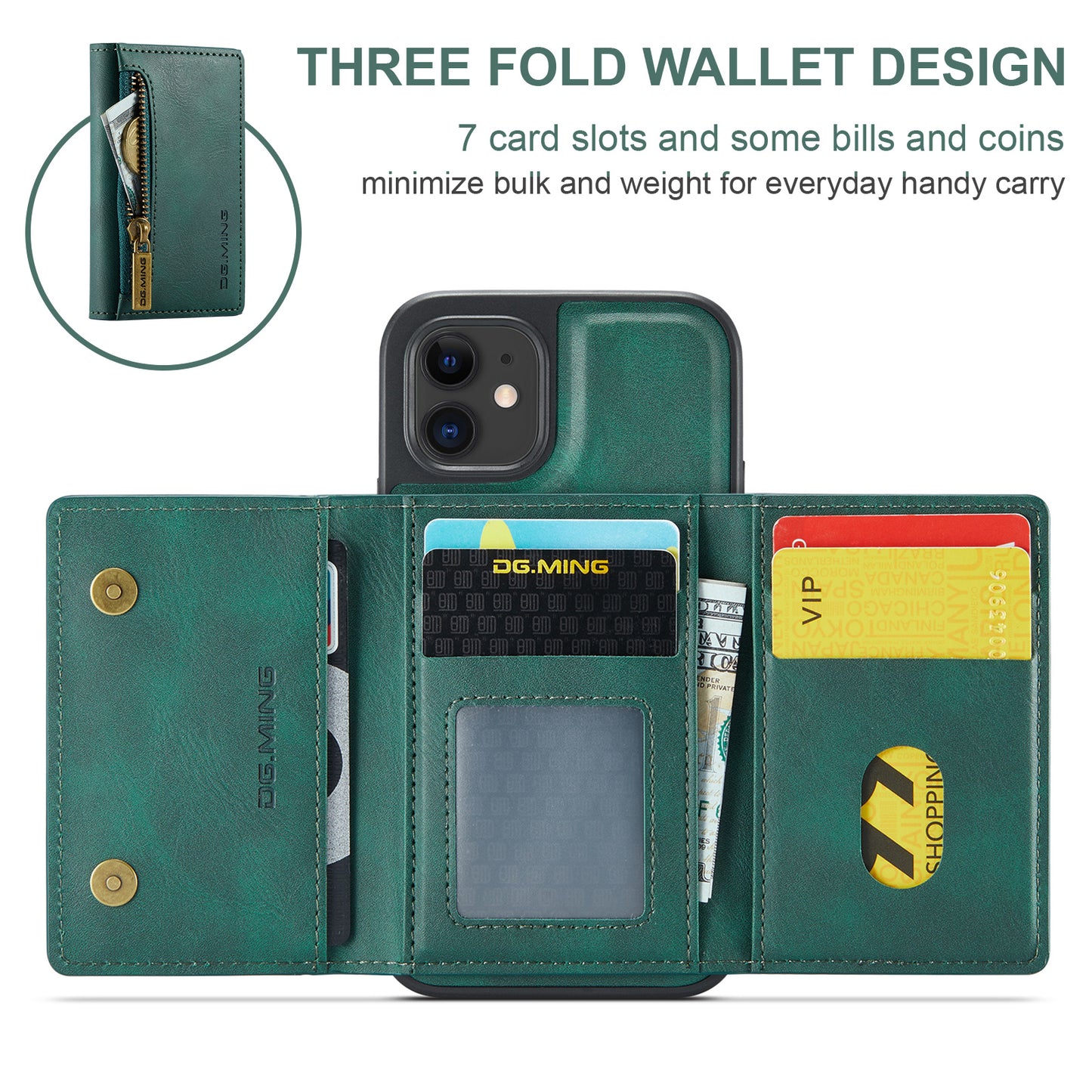 Wallet Detachable Tri-fold iPhone 12 Mini Case Muilti Card Slots